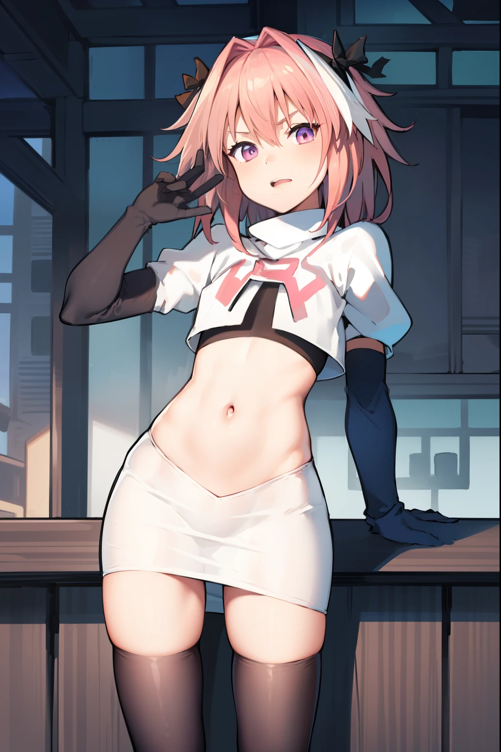 absurdres, masterpiece, best quality, (astolfo fate:1.2155), 1boy, male focus, trap, pink multicolored hair, pink hair, white hair, hair intakes, long hair, pink detailed eyes, crossdressing,1boy, team rocket,team rocket uniform, red letter R, white skirt,white crop top,black thigh-highs,black elbow gloves