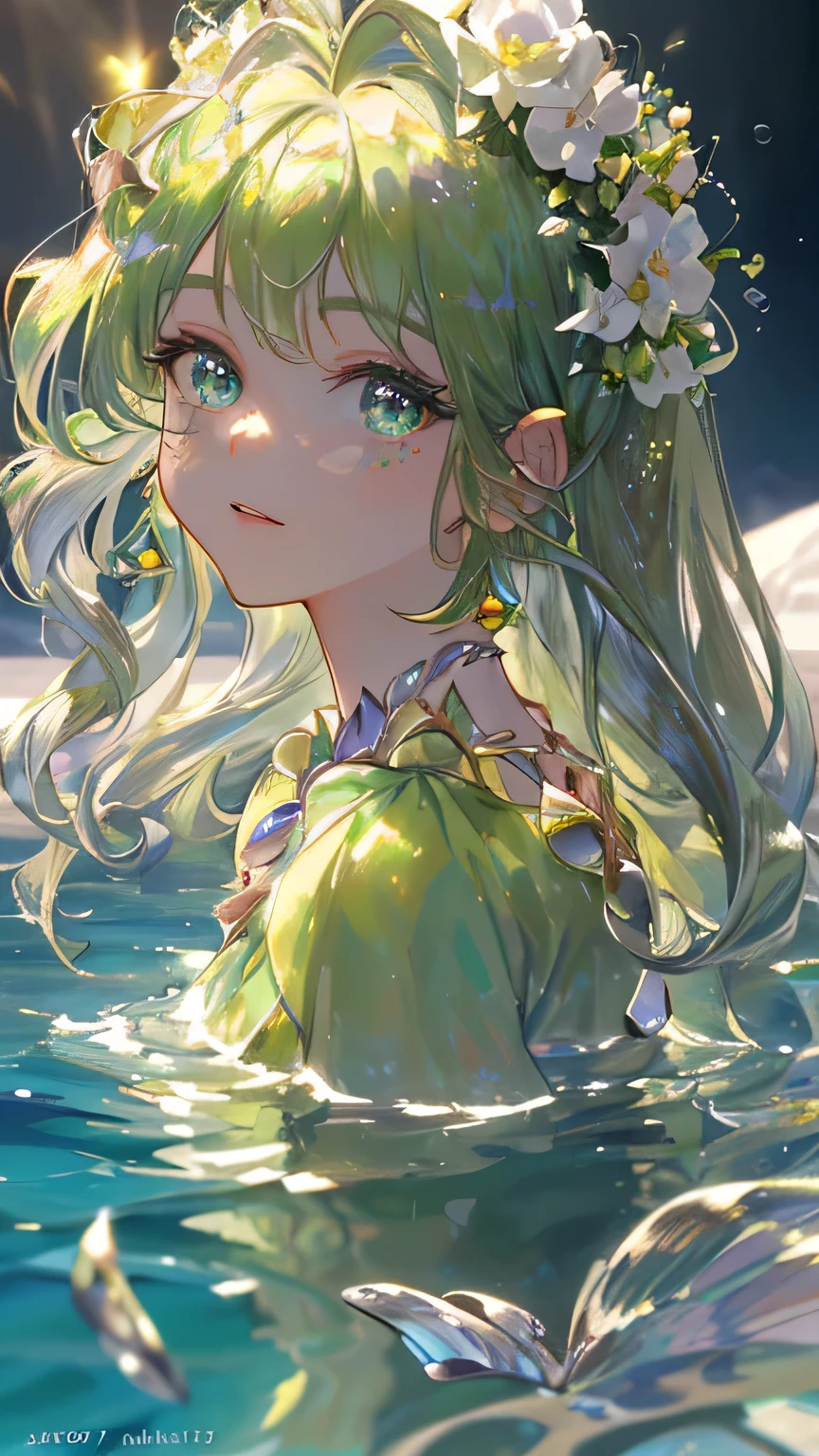 masterpiece, highest quality, shape, peridot eyes and hair, platinum earrings, platinum necklace, Sea, The Little Mermaid, cute, (dynamic lighting:1.2), cinematic lighting, delicate features, fine eyes, sharp pupils, realistic student, written boundary depth, Bokeh, sharp focus, (very detailed, bloom, shine:1.4), lots of little gems
