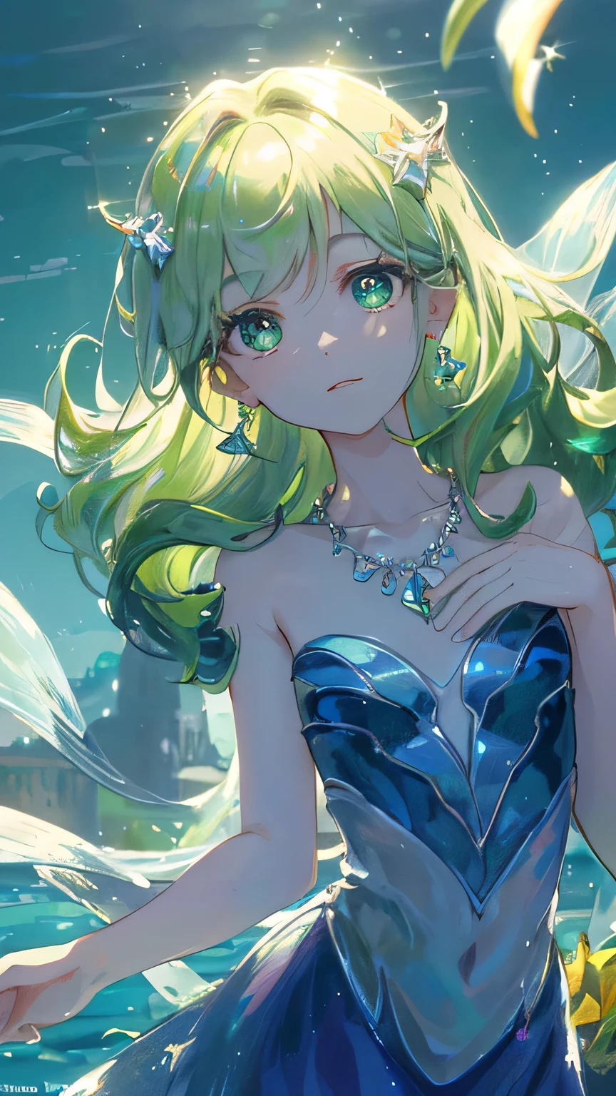 masterpiece, highest quality, shape, peridot eyes and hair, platinum earrings, platinum necklace, Sea, The Little Mermaid, cute, (dynamic lighting:1.2), cinematic lighting, delicate features, fine eyes, sharp pupils, realistic student, written boundary depth, Bokeh, sharp focus, (very detailed, bloom, shine:1.4), lots of little gems