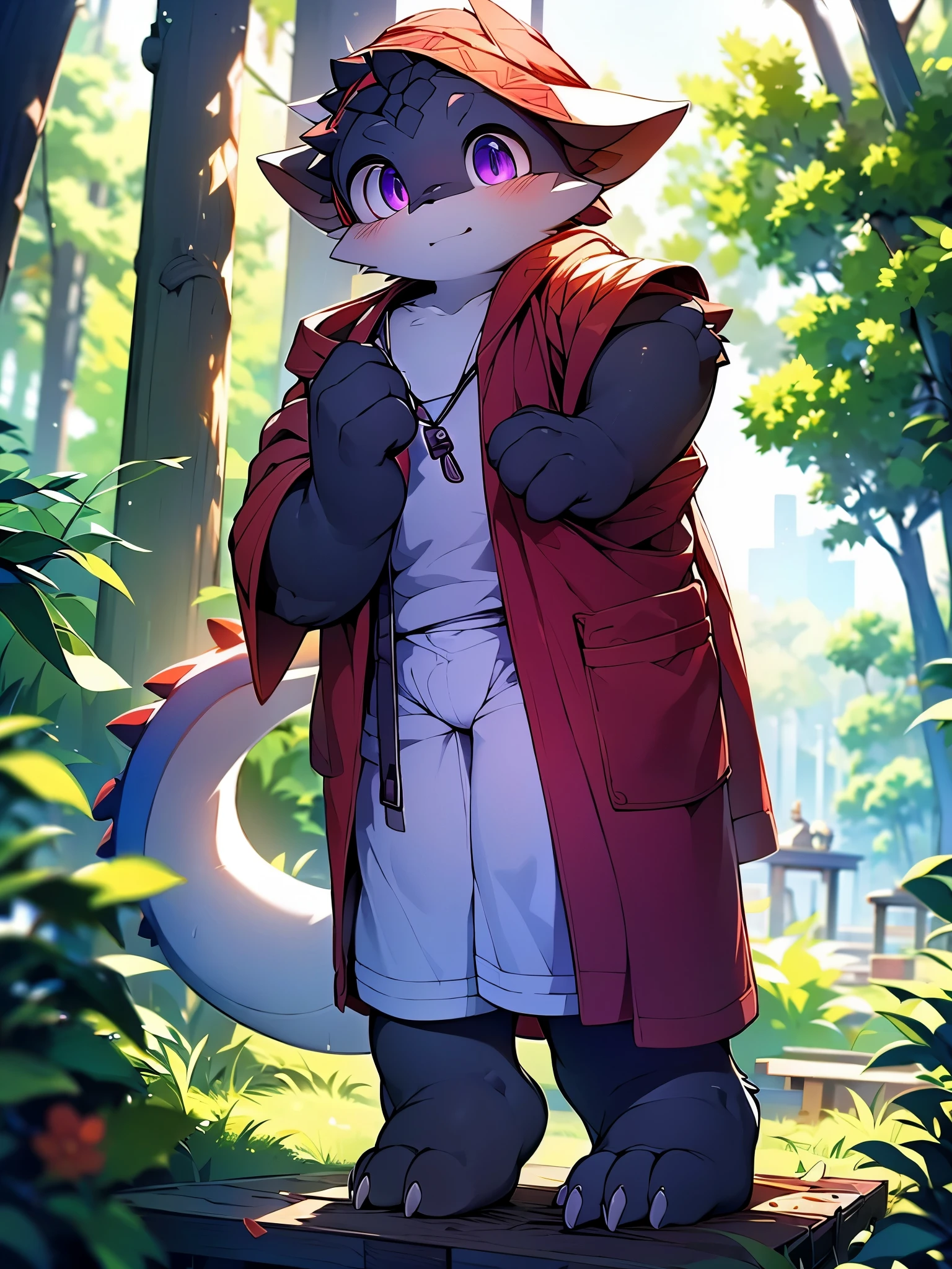 Dragon, ((solo)), little boy, cute, with black skin, (big purple eyes), ((two symmetrical horns)), black scales, claws, (((wearing a red bathrobe))), (wearing a white underwear), standing on the wooden floor in the yard, looking up at you, blushing on the cheeks, (((insert two hands into the pockets))), in the morning, fine facial depiction, accurate detail depiction, brilliant light and shadow, 4K high-definition