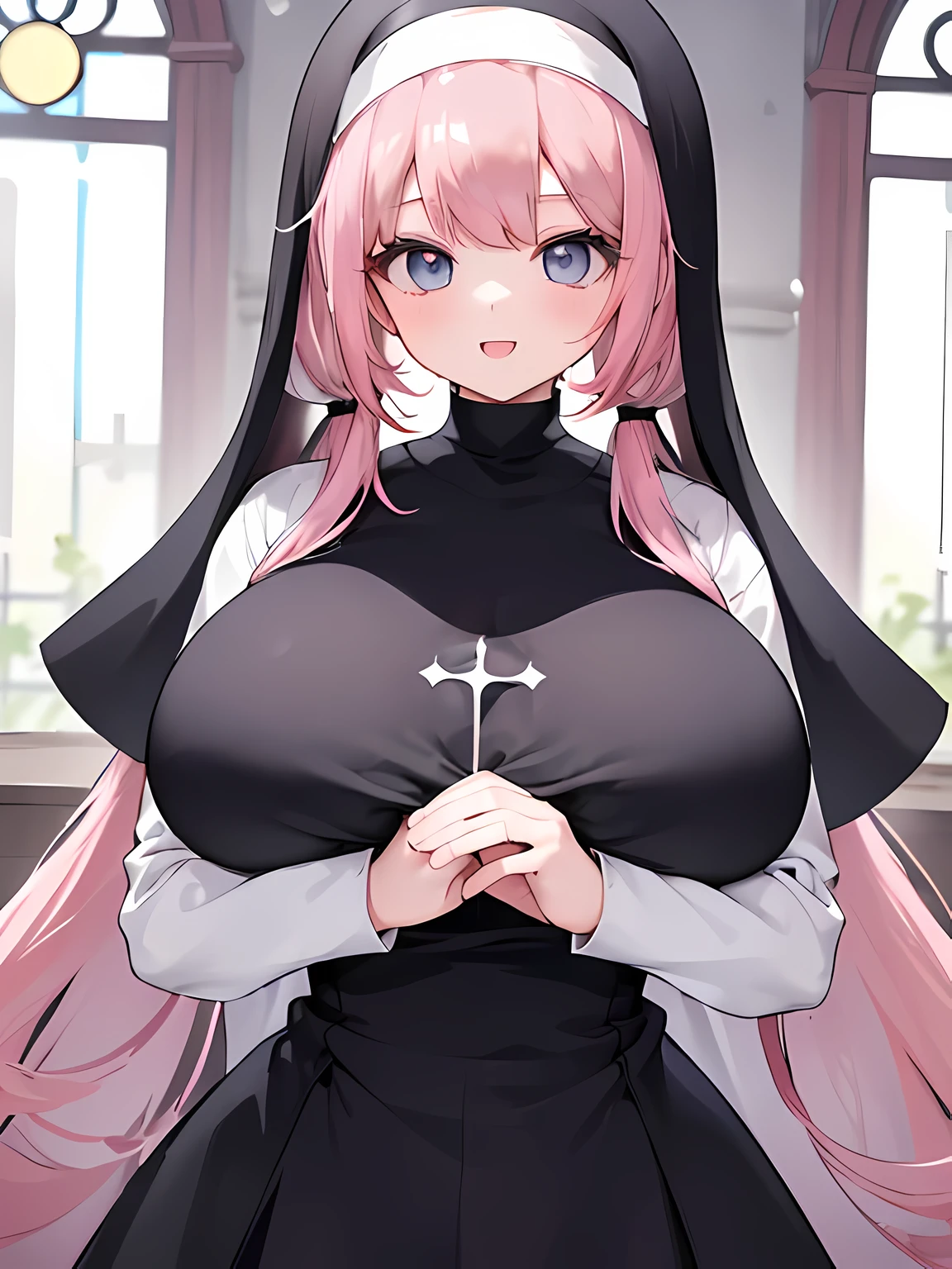 masterpiece,highest quality,(Super detailed),masterpiece,written boundary depth,perfect sentence, Detailed CG,Super detailed,(highly detailed eyes,very cute face,highly detailed face:1.3),beautiful anime girl,(solo girl:1.9),(super huge breasts:1.9),(pink hair,low twin tails:1.5),(light blue eyes:1.3),(smile full of joy:1.3),open your mouth,show viewer,break,(nun,cassock costume:1.5),church,Stained glass,holy light,join hands,pray,