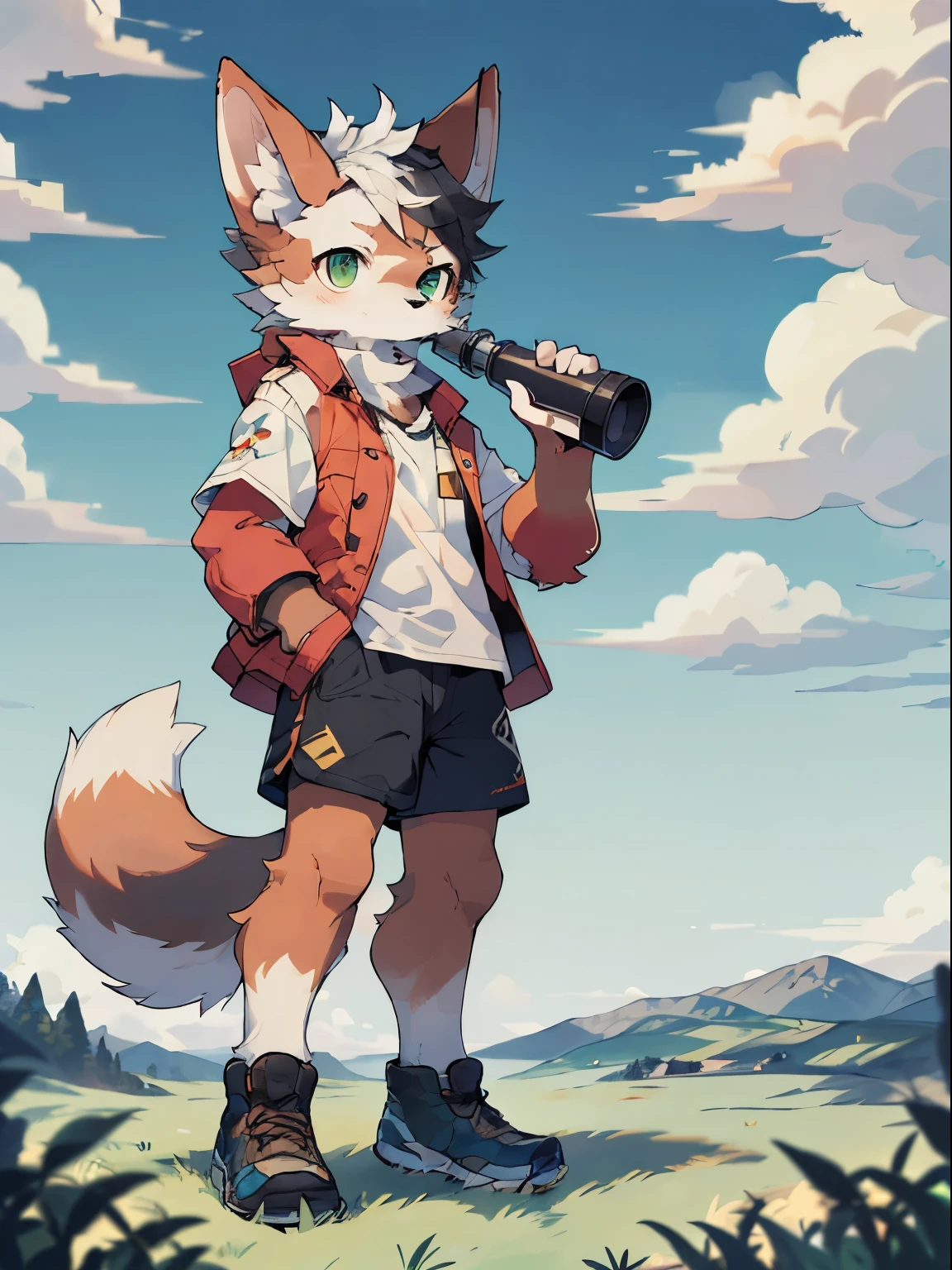 masterpiece, hairy, Male fox, hairy, red fur, dark green eyes, hairy大尾巴, white vest, black shorts, Standing on the cliff with a telescope, Explorer, Outdoor clothing, grassland, Blue sky and white clouds, sunny,red fox