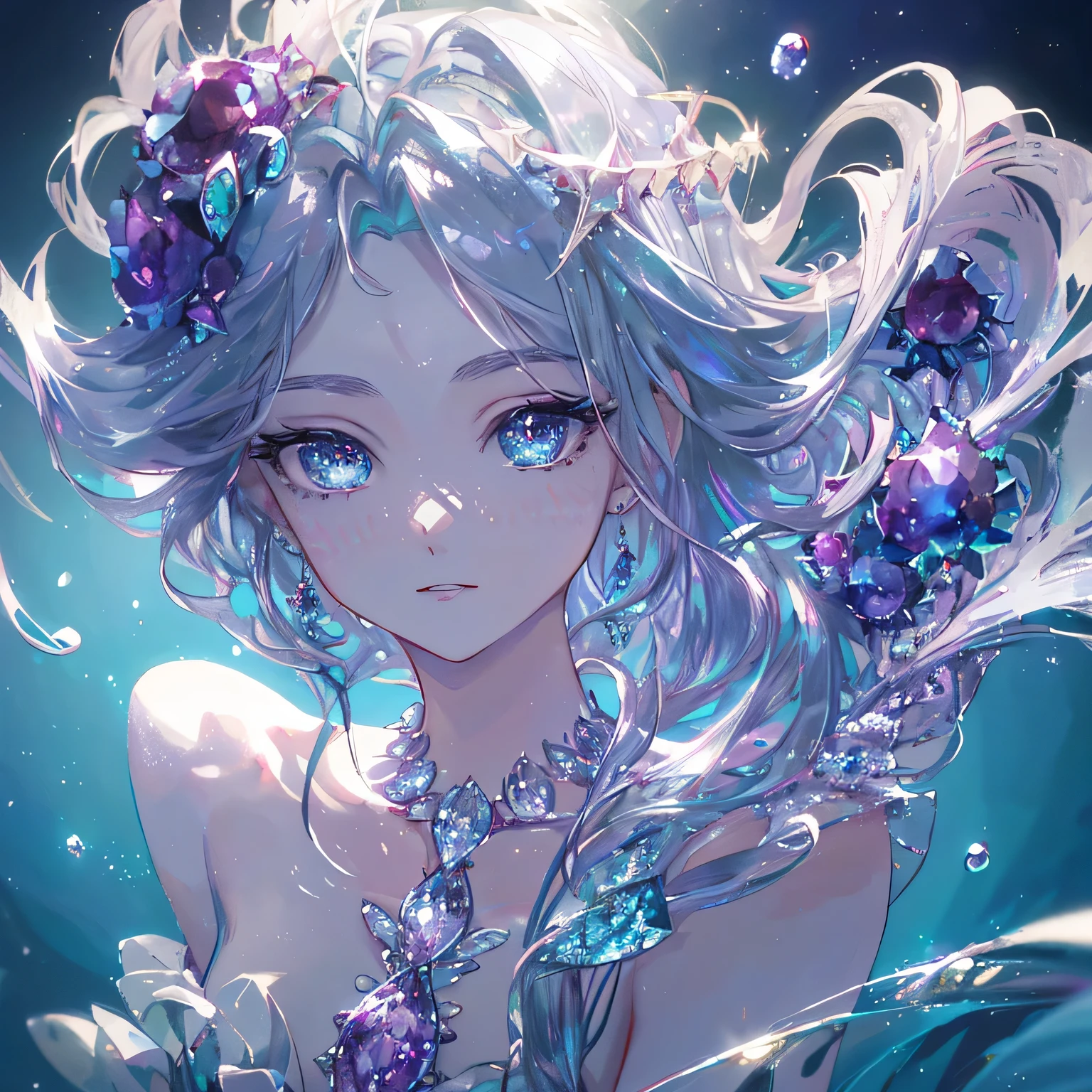 masterpiece, highest quality, shape, alexandrite eyes and hair, platinum earrings, platinum necklace, Sea, The Little Mermaid, cute, (dynamic lighting:1.2), cinematic lighting, delicate features, fine eyes, sharp pupils, realistic student, written boundary depth, Bokeh, sharp focus, (very detailed, bloom, shine:1.4), lots of little gems