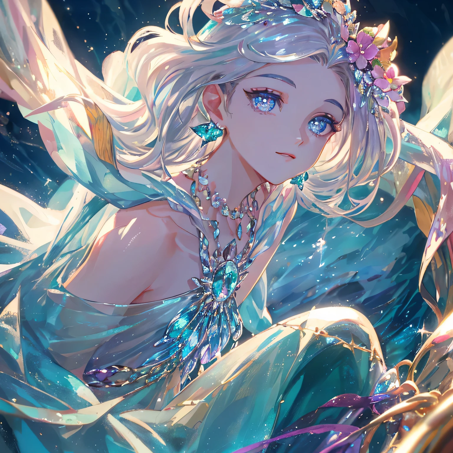 masterpiece, highest quality, shape, alexandrite eyes and hair, platinum earrings, platinum necklace, Sea, The Little Mermaid, cute, (dynamic lighting:1.2), cinematic lighting, delicate features, fine eyes, sharp pupils, realistic student, written boundary depth, Bokeh, sharp focus, (very detailed, bloom, shine:1.4), lots of little gems