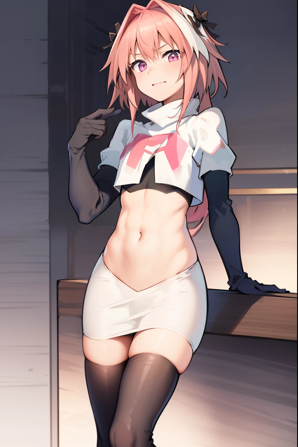 absurdres, masterpiece, best quality, (astolfo fate:1.2155), 1boy, male focus, trap, pink multicolored hair, pink hair, white hair, hair intakes, long hair, pink detailed eyes, crossdressing,1boy, team rocket,team rocket uniform, red letter R, white skirt,white crop top,black thigh-highs,black elbow gloves