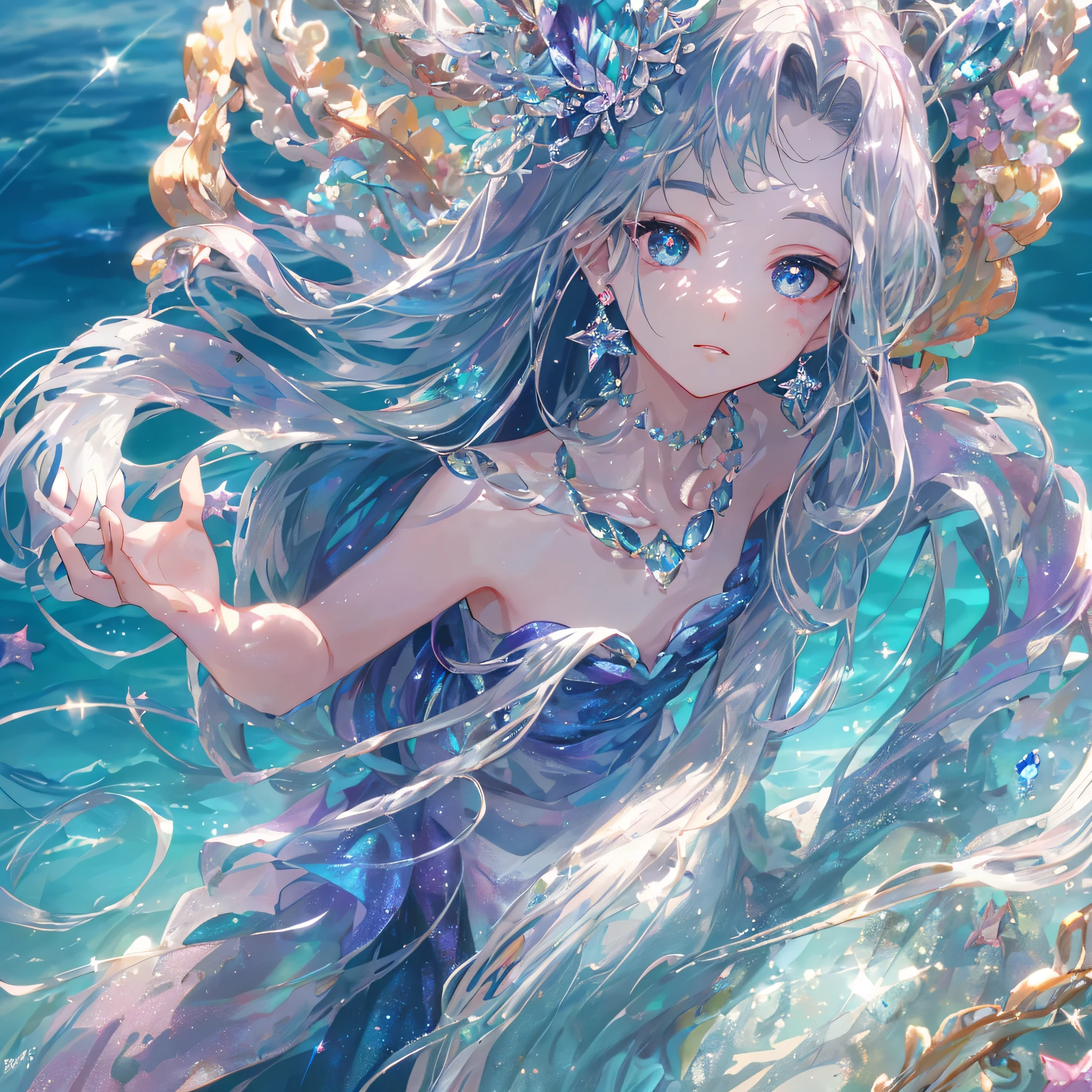 masterpiece, highest quality, shape, alexandrite eyes and hair, platinum earrings, platinum necklace, Sea, The Little Mermaid, cute, (dynamic lighting:1.2), cinematic lighting, delicate features, fine eyes, sharp pupils, realistic student, written boundary depth, Bokeh, sharp focus, (very detailed, bloom, shine:1.4), lots of little gems