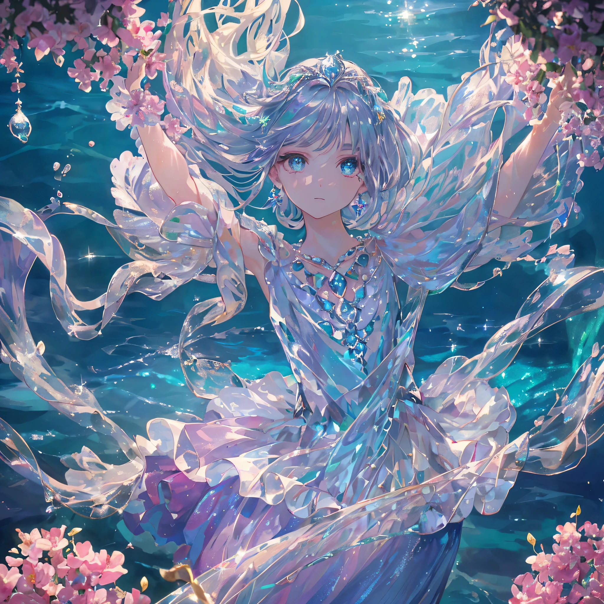 masterpiece, highest quality, shape, alexandrite eyes and hair, platinum earrings, platinum necklace, Sea, The Little Mermaid, cute, (dynamic lighting:1.2), cinematic lighting, delicate features, fine eyes, sharp pupils, realistic student, written boundary depth, Bokeh, sharp focus, (very detailed, bloom, shine:1.4), lots of little gems