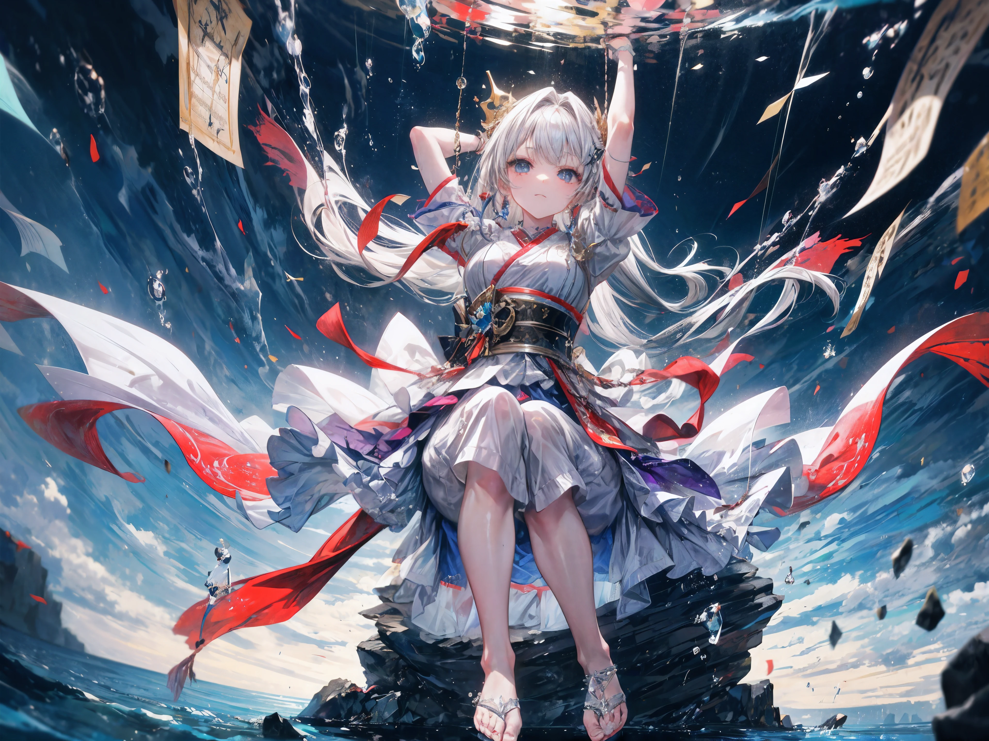 A girl in traditional witch costume performs a dance to sacred music on a cliff near a shrine.
The scene is both captivating and surreal. Her clothes are a sophisticated combination of purity and tradition, Seems to be able to withstand the violent storms around us. The kimono she wore clung to her figure, White fabric becomes translucent in the downpour, Revealing her inner firmness. Her hakama is usually bright red, But due to the pressure of heavy rain,It's getting dark, Every wrinkle and crease reflects the essence of the storm. Despite the wind and rain, She dances gracefully with her bare feet, Unforgettable and beautiful, Their subtle movements compose silent hymns on the wet stone.
Her hair is long and stiff, hanging in the back of mind, Occasionally a few strands of hair stick to the cheeks and forehead, Give her elegance. Although soaked, The white sandalwood paper originally used to tie the hair was untied, Let them float freely in the wind, as if wanting to participate in a sacred dance. The golden crown and hairpin on her head symbolize the person she admires, sparkling in the light of lightning. Their presence attests to the gravitas of her performance.
The kagura dance she performed was pious and elegant. every action, From the gentle swing of the arms to the precise steps of the feet, As if weaving an invisible tapestry in the air, silent prayer to the gods. Kagura bells are arranged in a seven-five-three arrangement, Its clear voice cut through the din of the storm, Be a beacon of peace in the midst of chaos. Five colorful ropes decorating the handle dance wildly in the wind, Each color contrasts with the storm's monochromatic background.
when i stand there, mesmerized by the performance, I noticed that girl getting closer to that girl