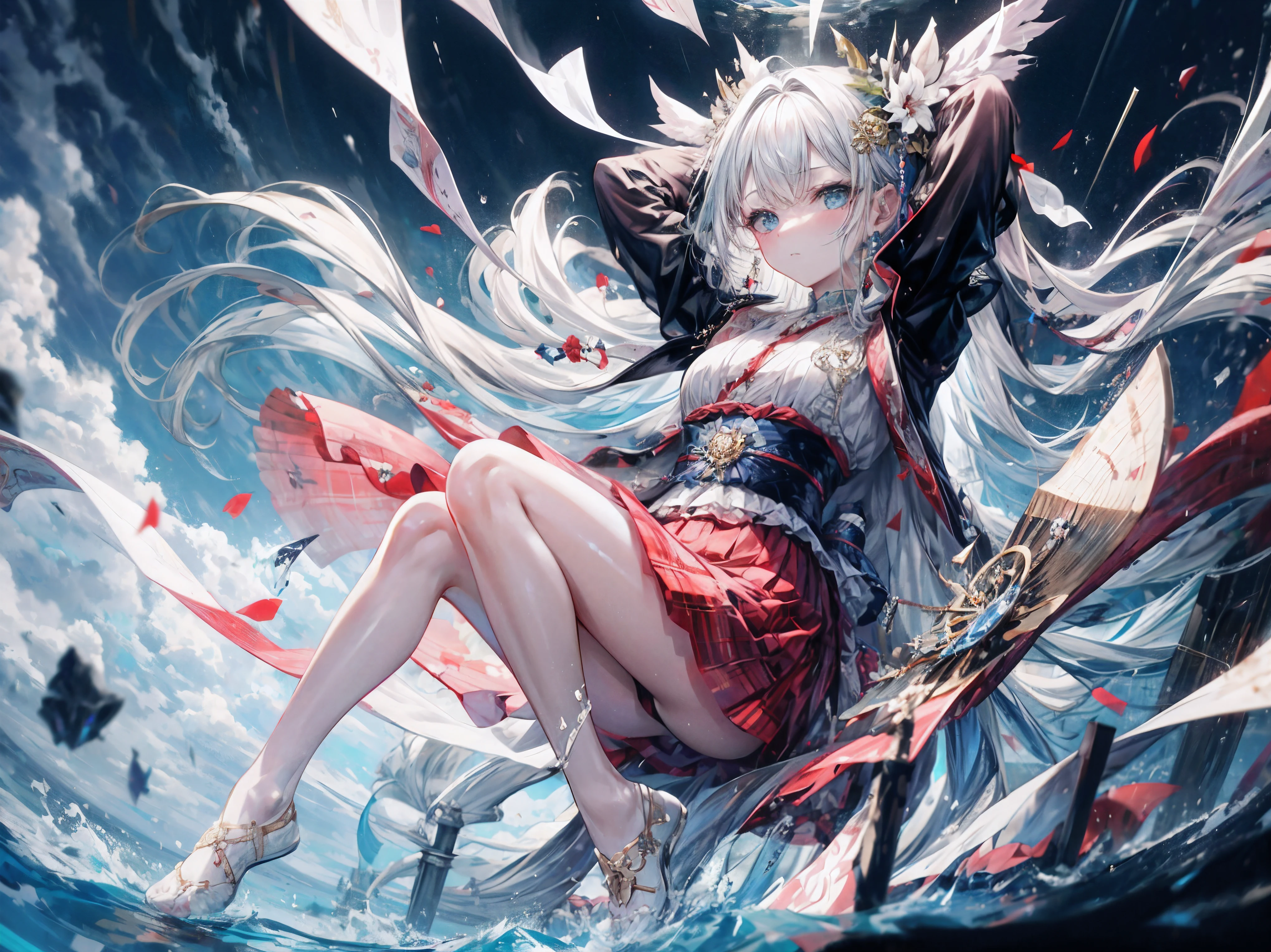 A girl in traditional witch costume performs a dance to sacred music on a cliff near a shrine.
The scene is both captivating and surreal. Her clothes are a sophisticated combination of purity and tradition, Seems to be able to withstand the violent storms around us. The kimono she wore clung to her figure, White fabric becomes translucent in the downpour, Revealing her inner firmness. Her hakama is usually bright red, But due to the pressure of heavy rain,It's getting dark, Every wrinkle and crease reflects the essence of the storm. Despite the wind and rain, She dances gracefully with her bare feet, Unforgettable and beautiful, Their subtle movements compose silent hymns on the wet stone.
Her hair is long and stiff, hanging in the back of mind, Occasionally a few strands of hair stick to the cheeks and forehead, Give her elegance. Although soaked, The white sandalwood paper originally used to tie the hair was untied, Let them float freely in the wind, as if wanting to participate in a sacred dance. The golden crown and hairpin on her head symbolize the person she admires, sparkling in the light of lightning. Their presence attests to the gravitas of her performance.
The kagura dance she performed was pious and elegant. every action, From the gentle swing of the arms to the precise steps of the feet, As if weaving an invisible tapestry in the air, silent prayer to the gods. Kagura bells are arranged in a seven-five-three arrangement, Its clear voice cut through the din of the storm, Be a beacon of peace in the midst of chaos. Five colorful ropes decorating the handle dance wildly in the wind, Each color contrasts with the storm's monochromatic background.
when i stand there, mesmerized by the performance, I noticed that girl getting closer to that girl
