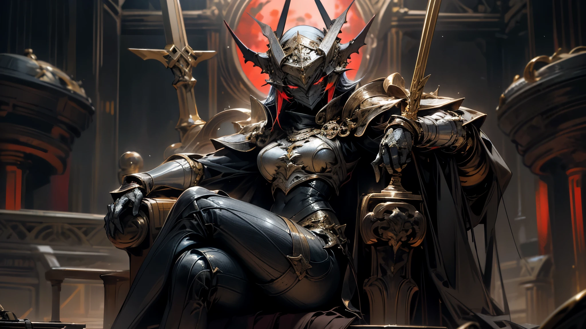 (A masterpiece scene and hd quality). (A formidable woman warrior, clad in intricately designed armor, with a red eyes, imposing presence, her eyes hidden under a menacing helmet, once corrupted by the malevolent touch of a demon king, now serving him as his relentless soldier). Her crazy figure reflecting the evil within, and her muscles bulged. The armor's intricate gold patterns shimmered in the flickering sunlight, casting an ominous glow on the apocalyptic scene behind her. A female demon under the brightest red moon mocking the enemy, as she sat back on her throne while crossing her legs.