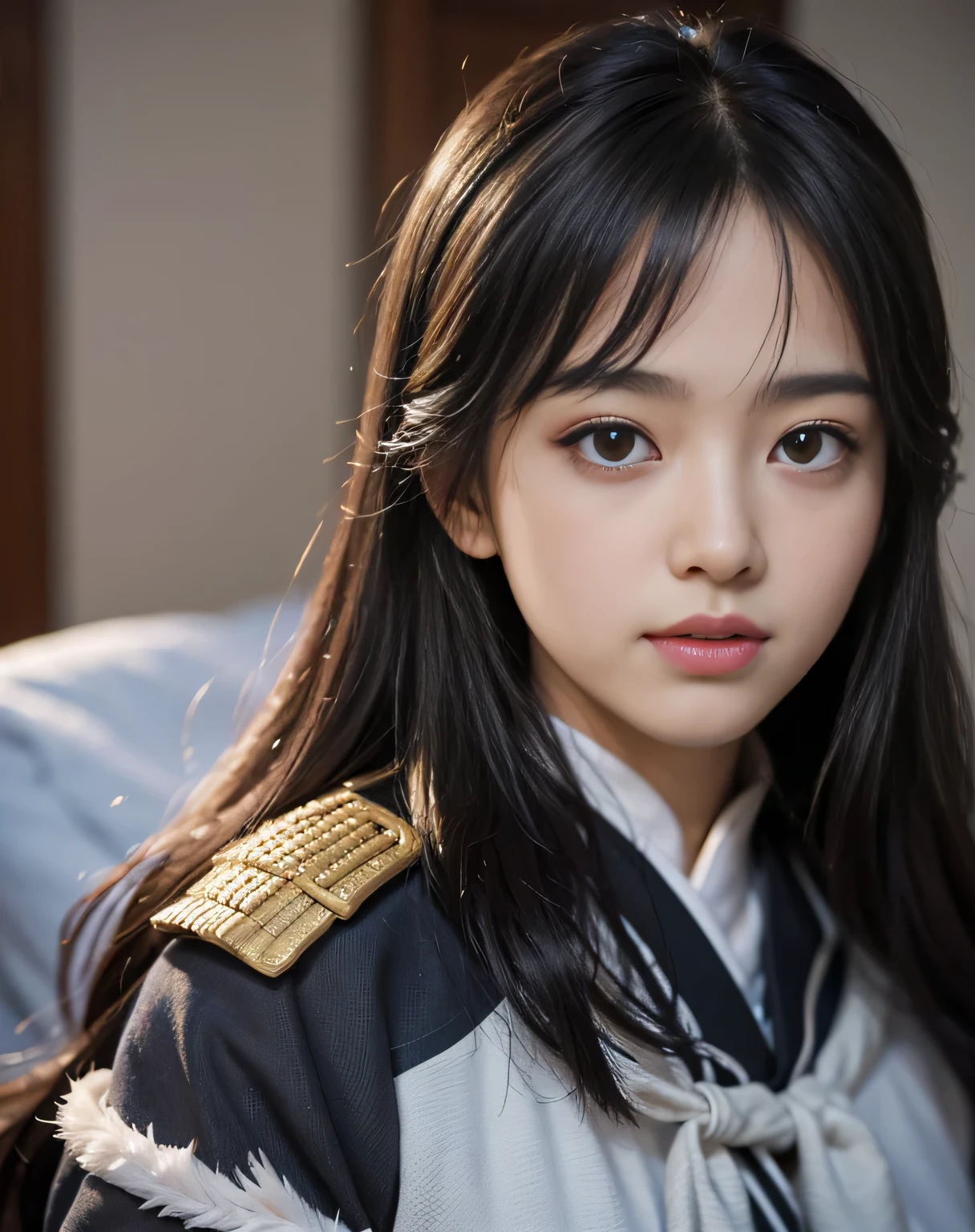 pieces fly, (RAW photo:1.2), (realistic:1.4), beautiful face、beautiful detailed girl, very detailedな目と顔, detailed and beautiful eyes, (Pure Eros Face:1.2)、ridiculous, incredibly stupid, huge file size, Super detailed, High resolution, very detailed, highest quality, masterpiece、 (night)、(nightの旅館の和室)、dark room、(窓から日本庭園のnightの雪景色)、moon、((Kanji hanging scroll on wallpaper))、((futon))、(nightのシーン)、((long straight hair))、((OL lady uniform))、((of the Empire of Japan))、((black military uniform))、 ((Open Uniform)), An illustration, very detailed, ticker, unity, 8k wallpaper, wonderful, small details, masterpiece, highest quality, very detailedなtickerユニフォーム8k壁紙, face light, movie lighting、18-year-old、1 girl、(no glasses)、((dynamic pose))、(camel toe)、(half)、(loincloth)、(Put your head on the pillow)、((futonの上で座っている))