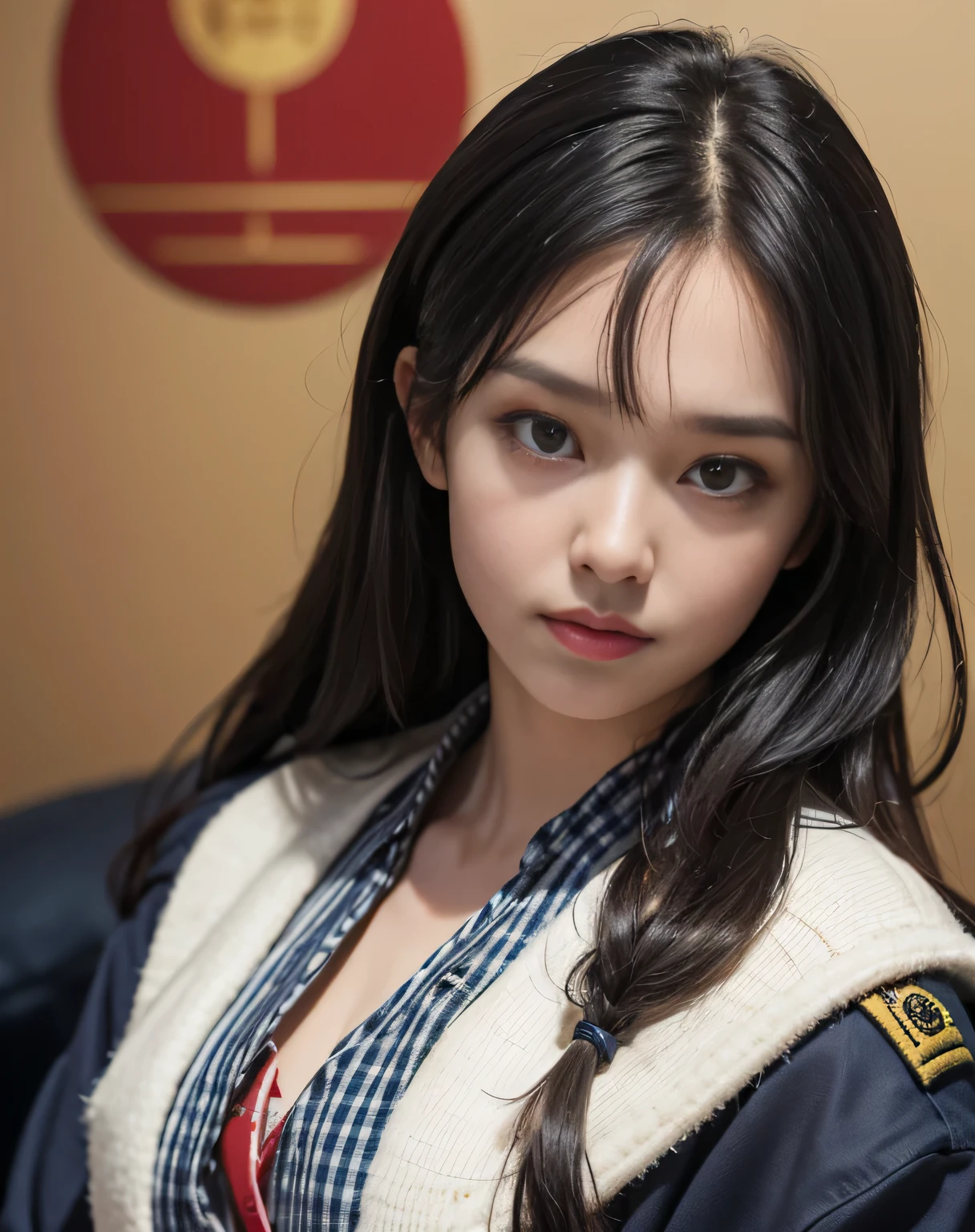 pieces fly, (RAW photo:1.2), (realistic:1.4), beautiful face、beautiful detailed girl, very detailedな目と顔, detailed and beautiful eyes, (Pure Eros Face:1.2)、ridiculous, incredibly stupid, huge file size, Super detailed, High resolution, very detailed, highest quality, masterpiece、 (night)、(nightの旅館の和室)、dark room、(窓から日本庭園のnightの雪景色)、moon、((Kanji hanging scroll on wallpaper))、((futon))、(nightのシーン)、((long straight hair))、((OL lady uniform))、((of the Empire of Japan))、((black military uniform))、 ((Open Uniform)), An illustration, very detailed, ticker, unity, 8k wallpaper, wonderful, small details, masterpiece, highest quality, very detailedなtickerユニフォーム8k壁紙, face light, movie lighting、18-year-old、1 girl、(no glasses)、((dynamic pose))、(camel toe)、(half)、(loincloth)、(Put your head on the pillow)、((futonの上で座っている))