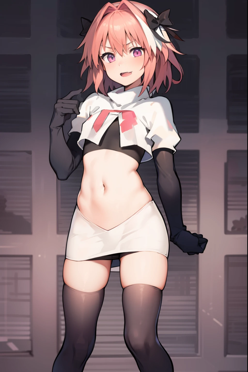 absurdres, masterpiece, best quality, (astolfo fate:1.2155), 1boy, male focus, trap, pink multicolored hair, pink hair, white hair, hair intakes, long hair, pink detailed eyes, crossdressing,1boy, team rocket,team rocket uniform, red letter R, white skirt,white crop top,black thigh-highs,black elbow gloves