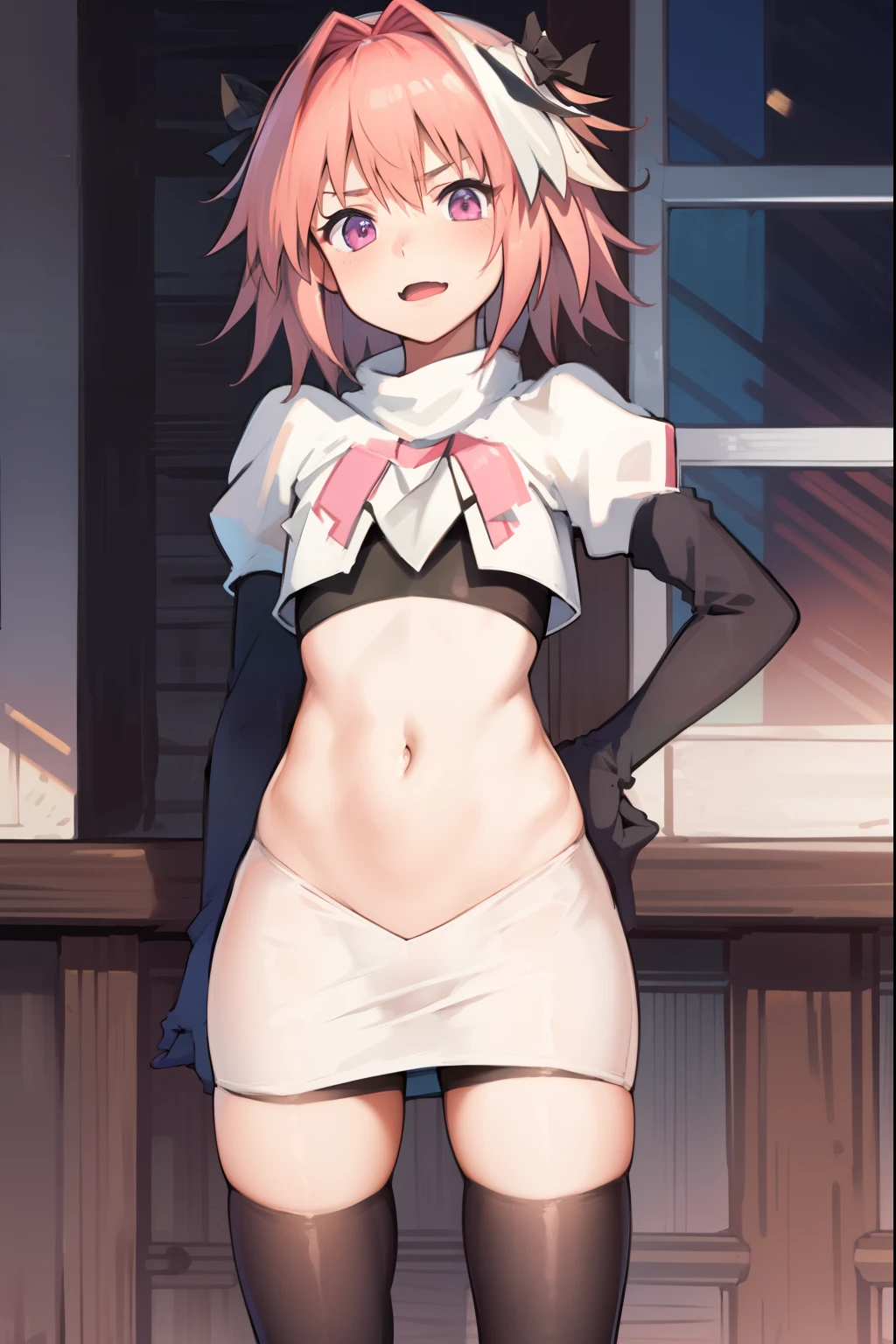 absurdres, masterpiece, best quality, (astolfo fate:1.2155), 1boy, male focus, trap, pink multicolored hair, pink hair, white hair, hair intakes, long hair, pink detailed eyes, crossdressing,1boy, team rocket,team rocket uniform, red letter R, white skirt,white crop top,black thigh-highs,black elbow gloves