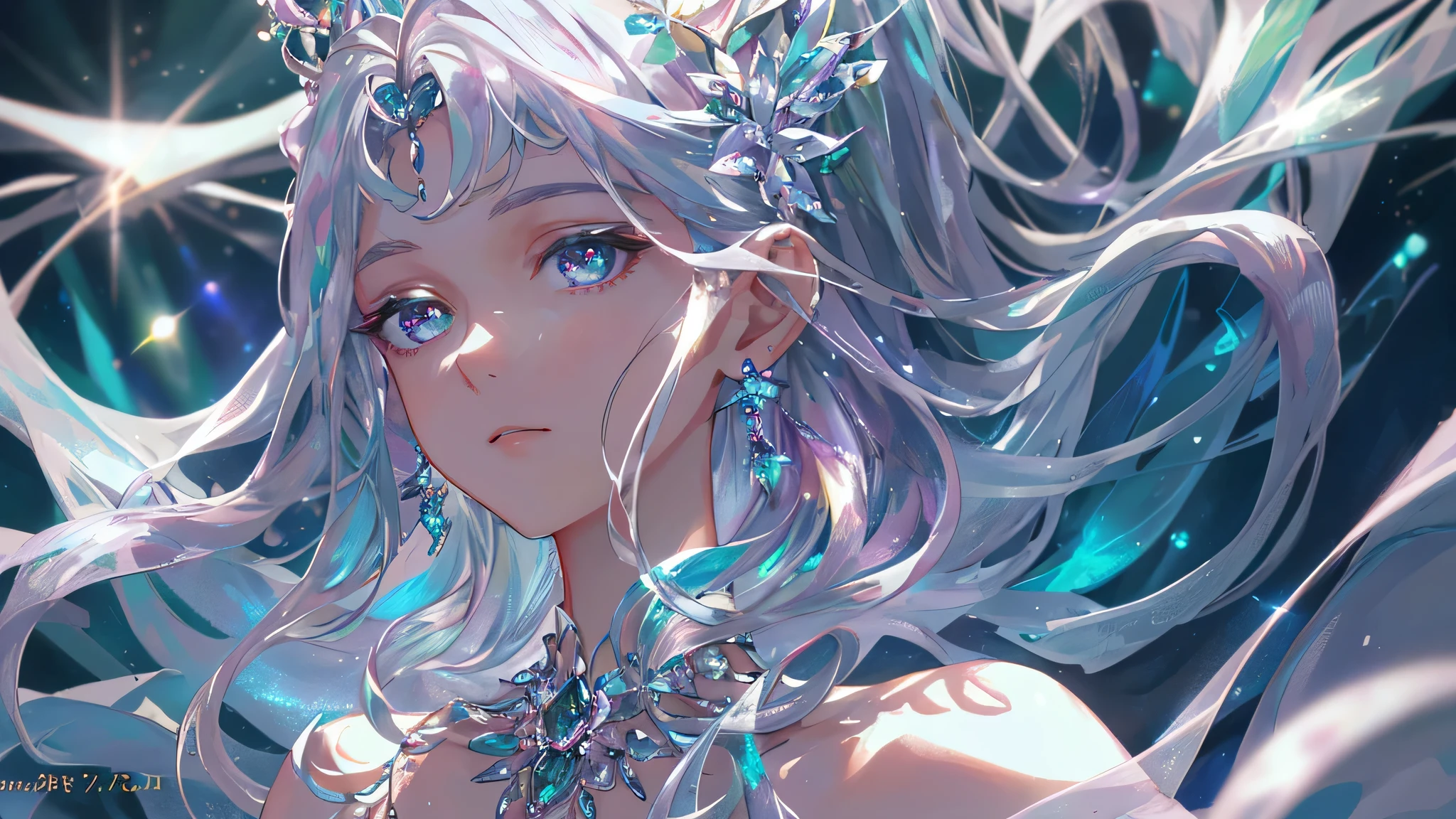 masterpiece, highest quality, shape, alexandrite eyes and hair, platinum earrings, platinum necklace, white dress, The Little Mermaid, cute, (dynamic lighting:1.2), cinematic lighting, delicate features, fine eyes, sharp pupils, realistic student, written boundary depth, Bokeh, sharp focus, (very detailed, bloom, shine:1.4), lots of little gems