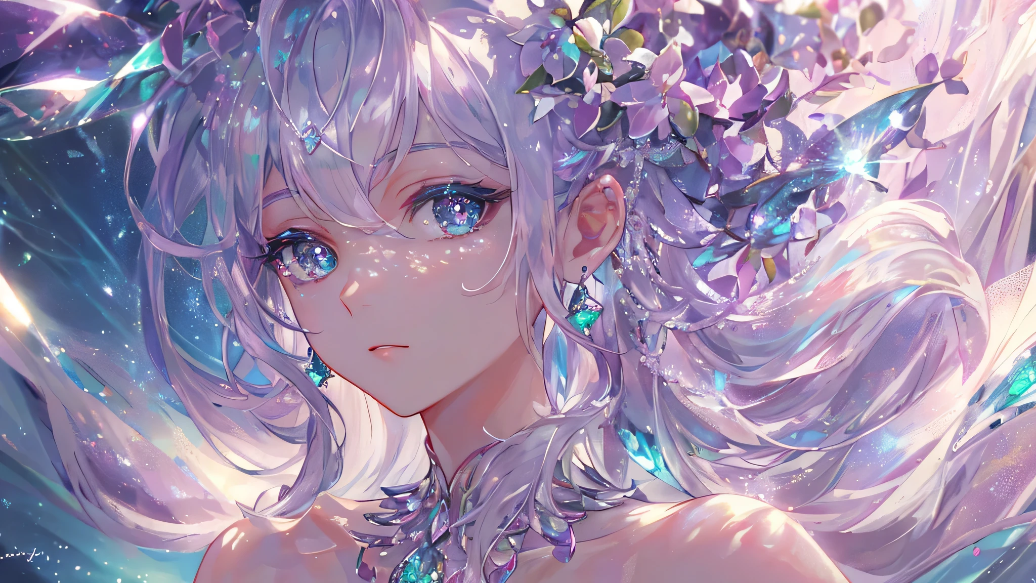 masterpiece, highest quality, shape, alexandrite eyes and hair, platinum earrings, platinum necklace, white dress, The Little Mermaid, cute, (dynamic lighting:1.2), cinematic lighting, delicate features, fine eyes, sharp pupils, realistic student, written boundary depth, Bokeh, sharp focus, (very detailed, bloom, shine:1.4), lots of little gems
