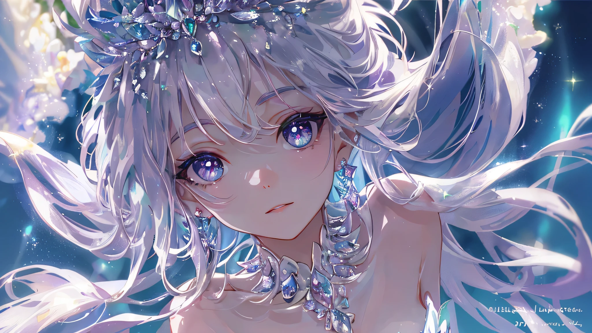 masterpiece, highest quality, shape, alexandrite eyes and hair, platinum earrings, platinum necklace, white dress, The Little Mermaid, cute, (dynamic lighting:1.2), cinematic lighting, delicate features, fine eyes, sharp pupils, realistic student, written boundary depth, Bokeh, sharp focus, (very detailed, bloom, shine:1.4), lots of little gems