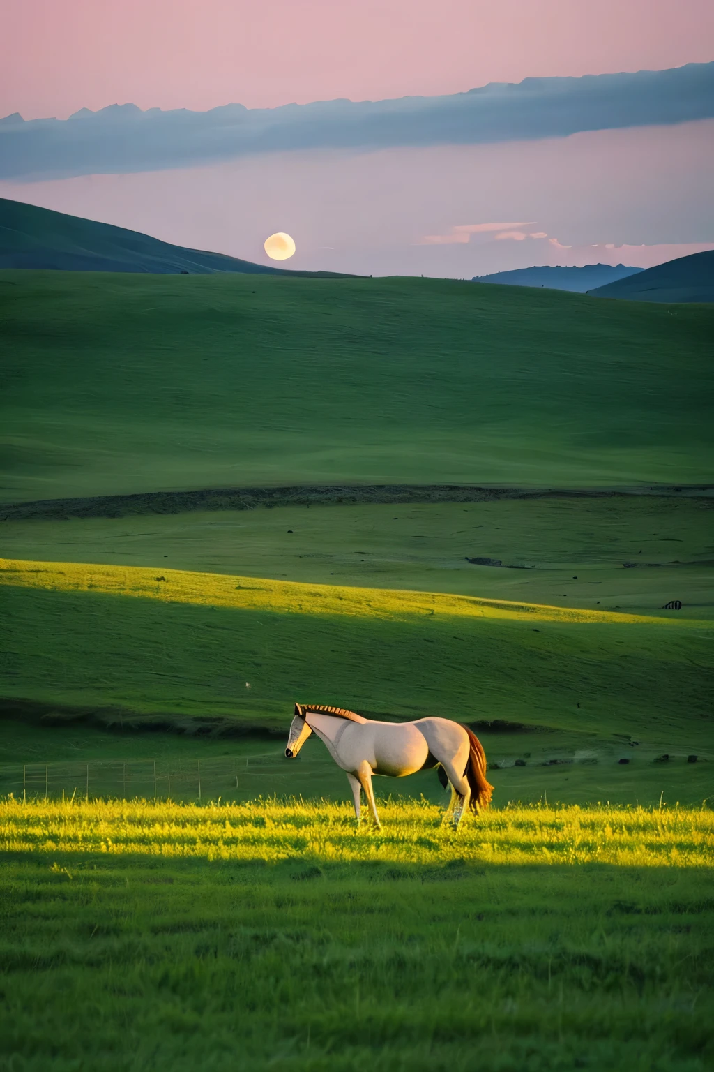 wide grassland　There&#39;A horse far away３my head is running　Full moon in the sky　full moon night