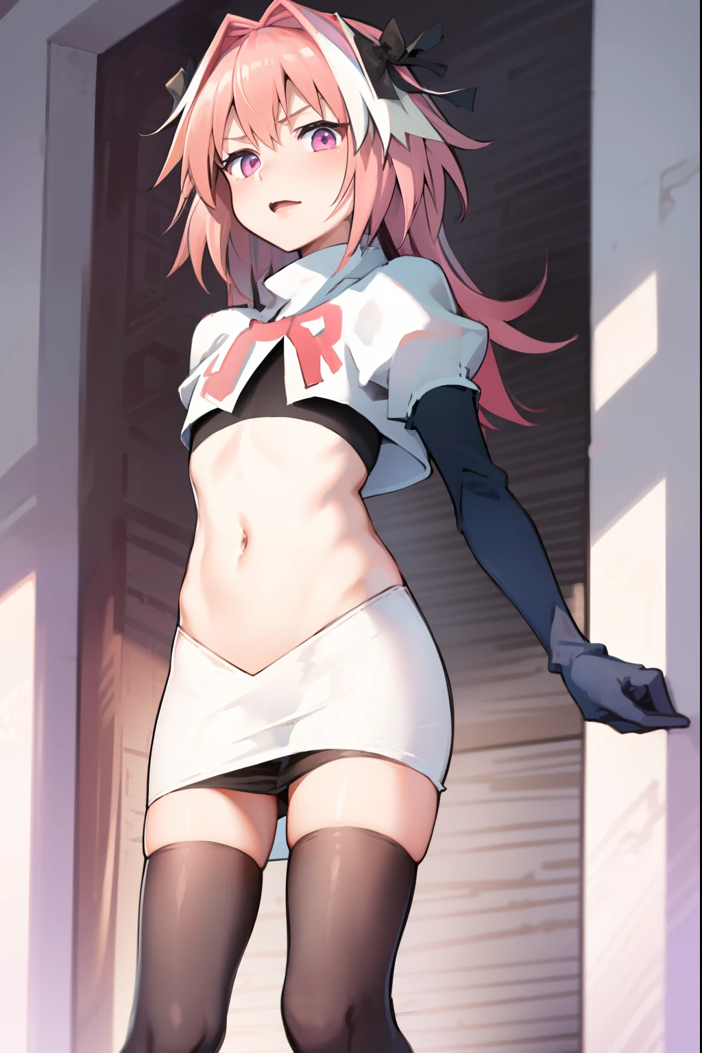 absurdres, masterpiece, best quality, (astolfo fate:1.2155), 1boy, male focus, trap, pink multicolored hair, pink hair, white hair, hair intakes, long hair, pink detailed eyes, crossdressing,1boy, team rocket,team rocket uniform, red letter R, white skirt,white crop top,black thigh-highs,black elbow gloves