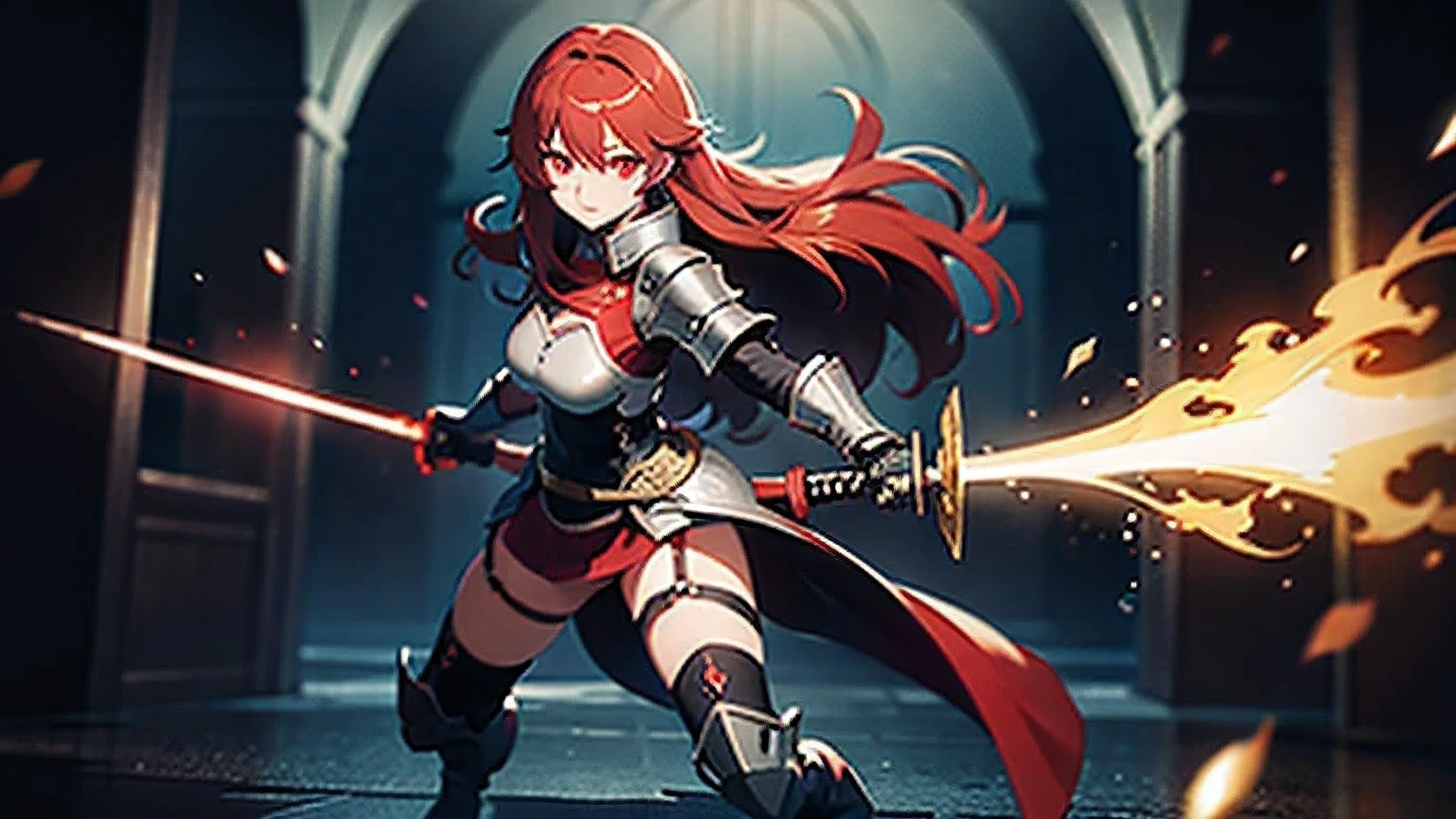 Female Knight, Darkness, , Red Eyes, Glowing Red, Action Style, Long Hair, Red Hair,Glowing Hair, Holding Sword, Flame Knight, Full Body.
