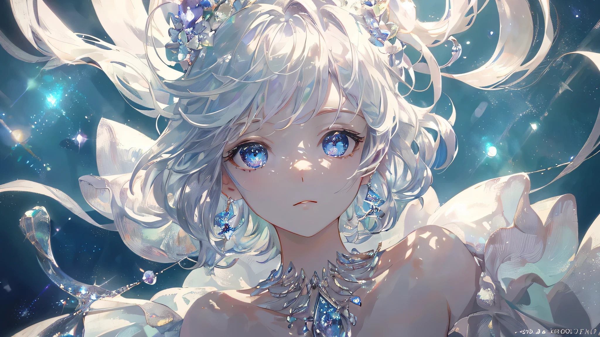 masterpiece, highest quality, shape, fluorite eyes and hair, platinum earrings, platinum necklace, white dress, little mermaid, cute, (dynamic lighting:1.2), cinematic lighting, delicate features, fine eyes, sharp pupils, realistic student, written boundary depth, Bokeh, sharp focus, (very detailed, bloom, shine:1.4), lots of little gems