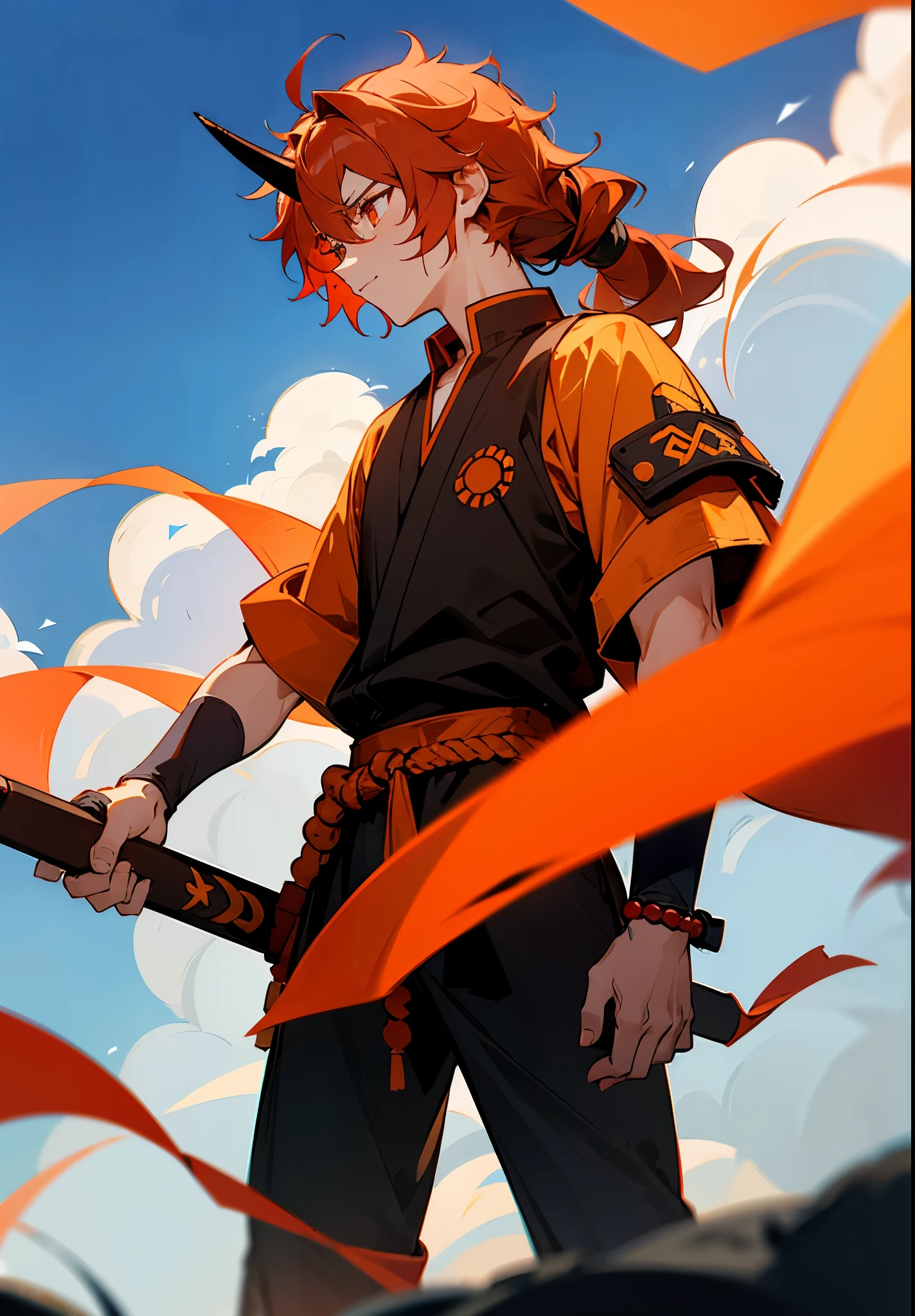 1male , Wavy Hair , Red Hair , Bright Orange Eyes , One Horn , Highlighted Orange Hair , Black Yukata , Martial Arts Clothing , Prayer Beads on Wrist , Hair Tied Back into a small Ponytail , Adult Male , Muscular , Shaggy Hair , messy hair , Wristguards, Perfect Generation, Standing on mountaintop