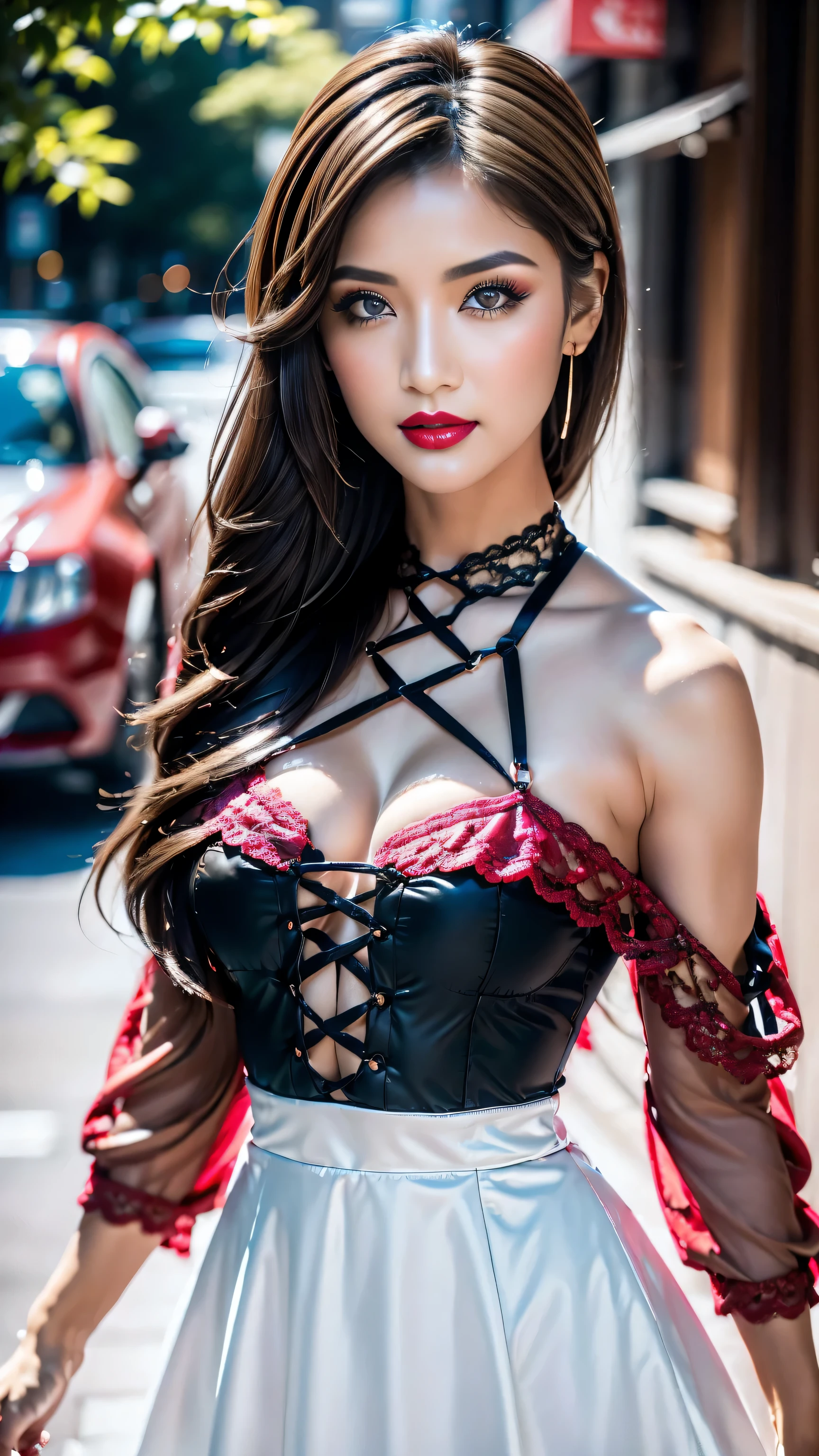 ((perfect round eyes))、dressed, (((Long lace-up dress in (black and red), with lace white accessories:1.23))), (Ultra-realistic最high quality), (photo realistic:1.65), (realistic:1.65), (increase cinematic lighting quality:0.55), 16K, 32K, (1girl:1.3) 24years old、fashion supermodel、realistic lighting, light on face, (Super beautiful body)、(beautiful, detailed face:1.5)、(detailed eyes:1.45)、(detailed lips:1.35)、(Detailed nose:1.25)、(Increase quality:1.3), (best quality real texture skin:1.13), (finely detailed eyes), finely detailed face, (finely quality eyes:1.12), ((random expressions))、((firm full breasts:1.44))、((narrow waist:1.4))、medium ass、 beautiful cheekbones、 (slim belly: 1.3)、((slim, well-muscled body:1.35))、((small head: 1.4))、((slim face)), ((anatomically correct)), (pink_makeup:1.37), (long_blue)_eyeliner:1.42, (red_lipstick:1.3), iridescent eyes, with professional makeup, vibrant eyes:1.11, ((Glamour, paparazzi taking pictures of her)), ((minimalist very provocative Extravagant street outfit:1.32)), The attention to detail, Double eyelids, Wear an off-the-shoulder top, full bodyesbian,(((long White hair:1.32))), ((brown_eyes:1.6)), contrast、dark shot:1.08、The ultra -The high-definition, (close-up)
