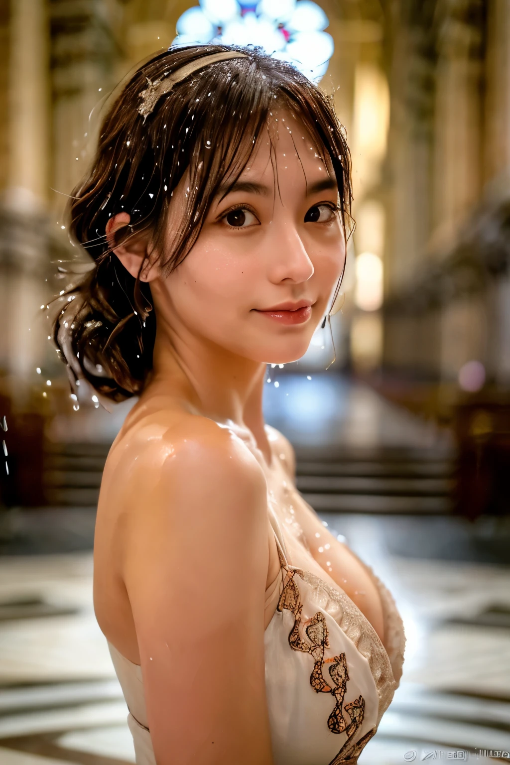 (Highly detailed CG Unity 8k wallpaper)(masterpiece)(highest quality)(Super detailed)(Best Illustration)(best shadow)(realistic:1.1)(Pueros face_v1:0.5),(Taiwanese cute Girl),(taiwanese sexy women),(gorgeous taiwanese),(gorgeous taiwanese),real human skin, Lens flare, shade, with backlight,(Natural light), film grain,((1 girl)),ultra high resolution,(fine eyes:1.4),brown eyes, enchanting smile,cute,(alone Focus),(brown hair),((Short hair with a low ponytail tied at the back)),((White Summer Sunrise Embroidered Linen Maxi Dress)),((white tang costume amis),((big),( cowboy shot),(full Body Selfie),(medium shot),background blur,28 years old,(alone)),(Glossy skin),Wearing a diamond necklace,(look at the beholder),(facing the front),(night),((big)),(full),(Wet),(sweaty)(narrow your eyes:0.8),(show cleavage),(cent. St. Peter's Basilica),vatican city,( cathedral interior),(ancient roman style),(pout:0.3),(happy 512:0.5),(beautiful_Mistake-8500:0.5),(close up moth)
