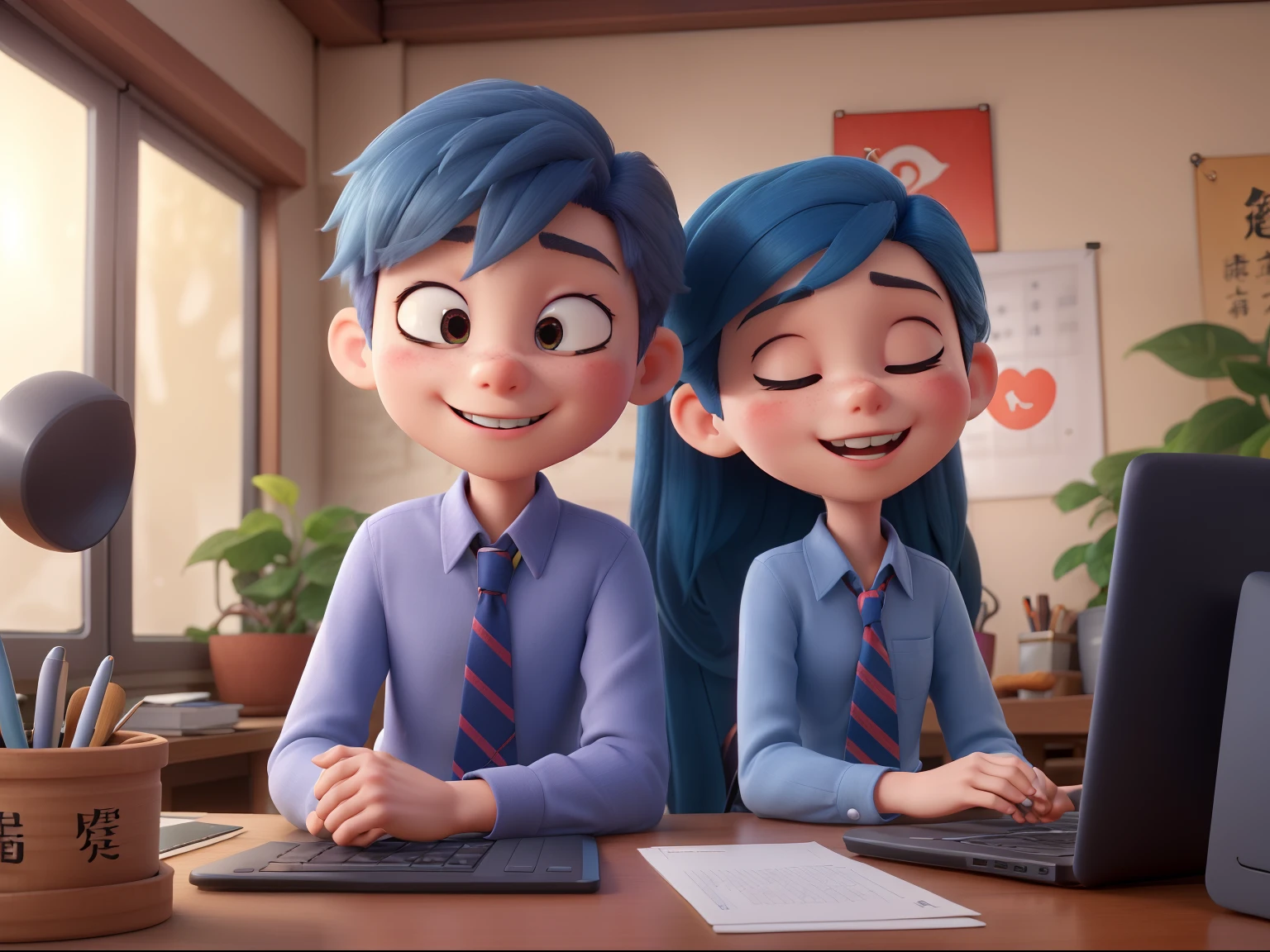 ((最好的质量)), ((杰作)), (详细的), 完美的臉,1girl,multiple boys,brown hair,2boys,necktie,computer,closed eyes,laptop,smile,shirt,blue shirt,open mouth,plant,^_^,white background,simple background,blue hair,upper body,long hair