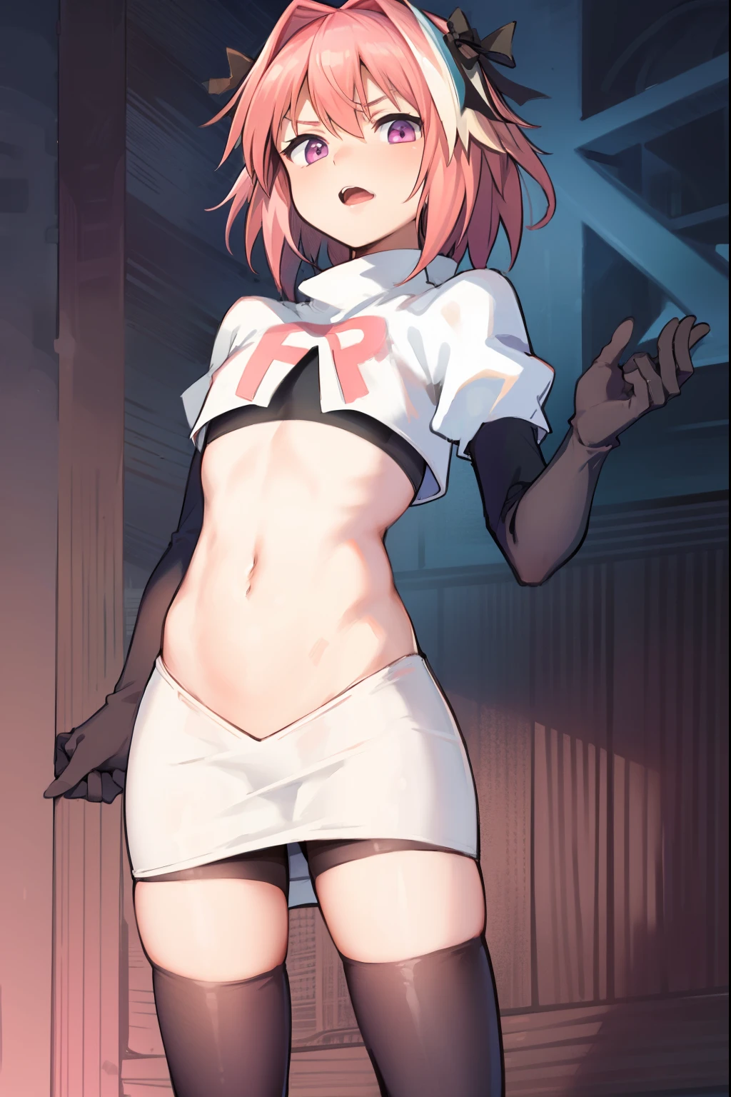 absurdres, masterpiece, best quality, (astolfo fate:1.2155), 1boy, male focus, trap, pink multicolored hair, pink hair, white hair, hair intakes, long hair, pink detailed eyes, crossdressing,1boy, team rocket,team rocket uniform, red letter R, white skirt,white crop top,black thigh-highs,black elbow gloves