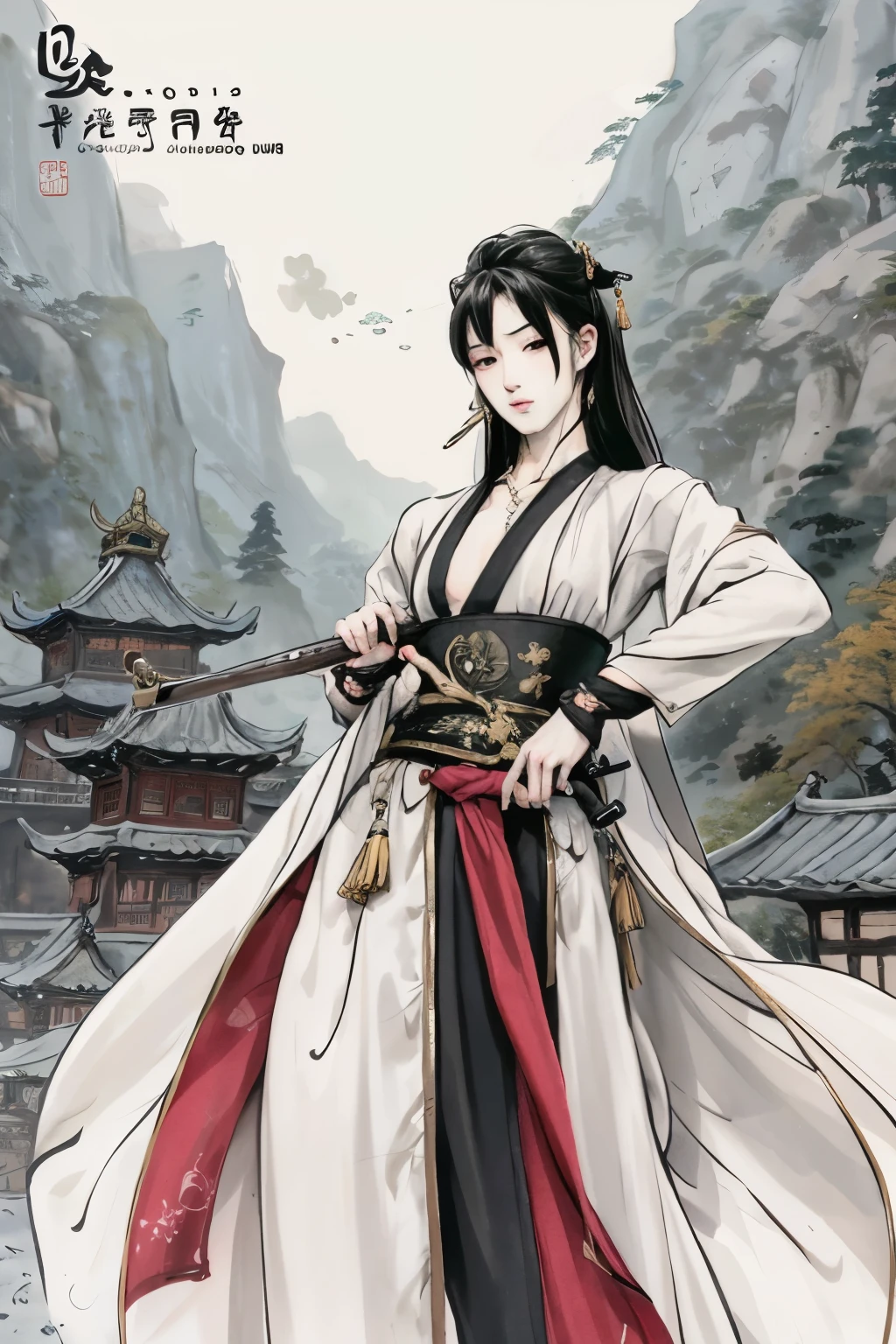 Chinese man in white dress holding gun and sword, wuxia, Full body martial arts, inspired by Wu Daozi, inspired by Guan Daosheng, game cover, flowing white robe, xianxia fantasy, heise-lian yan fang, Chinese fantasy, heise jinyao, Chiba Yudai