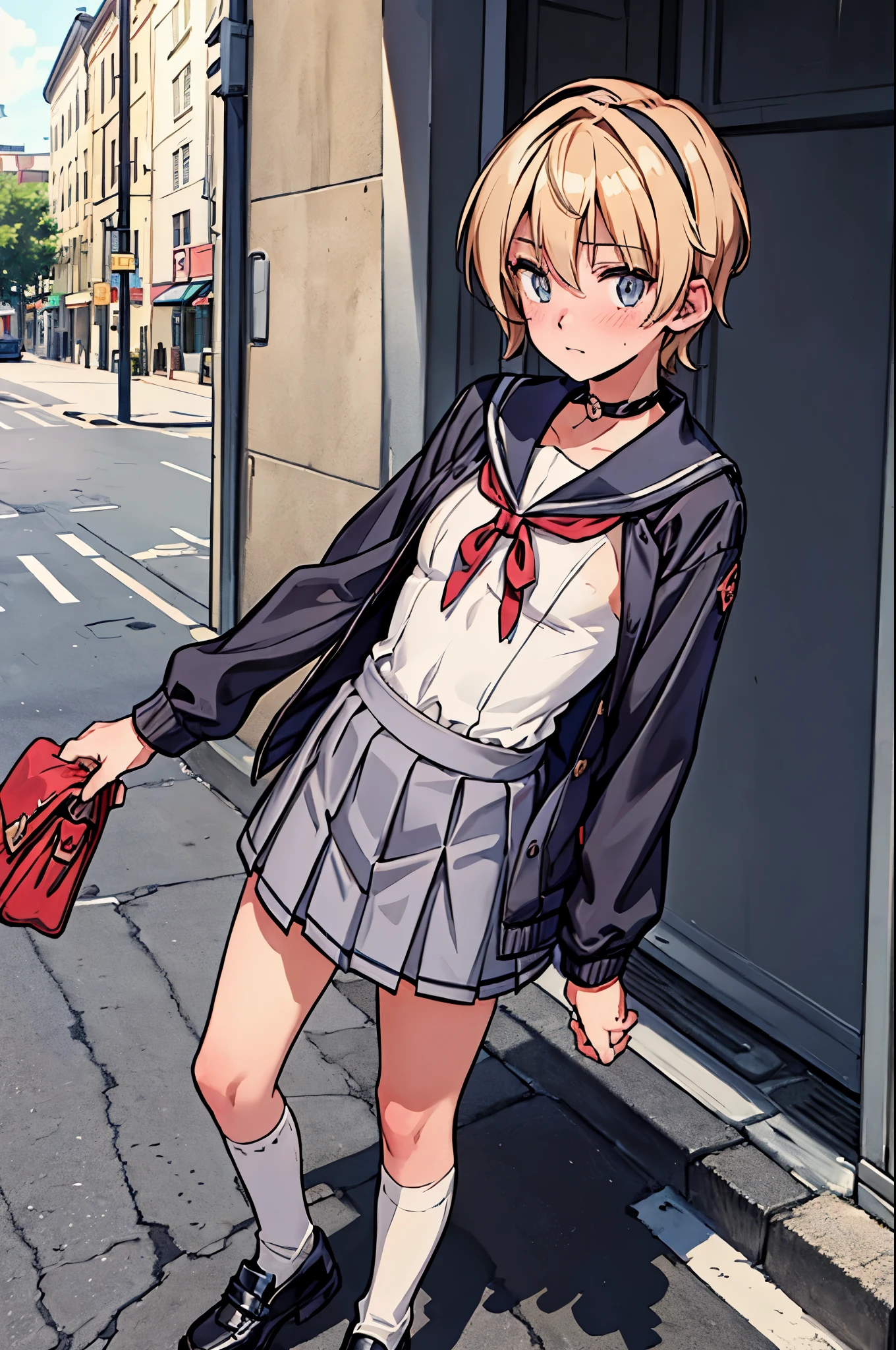 best quality,ultra-detailed,((background:outside street1,8)),(walk in the street),(cowboy shot),((one boy)),((fem boy)),((trap)),((bulge)),black-choker,((blonde short hair)),((man’s face)),((dress up as a woman)),((blush)),((flustred)),((poor chest)),((flat chest)),(school-uniform),(sailor-uniform),(socks),(pumps),vibrant colors,soft lighting,