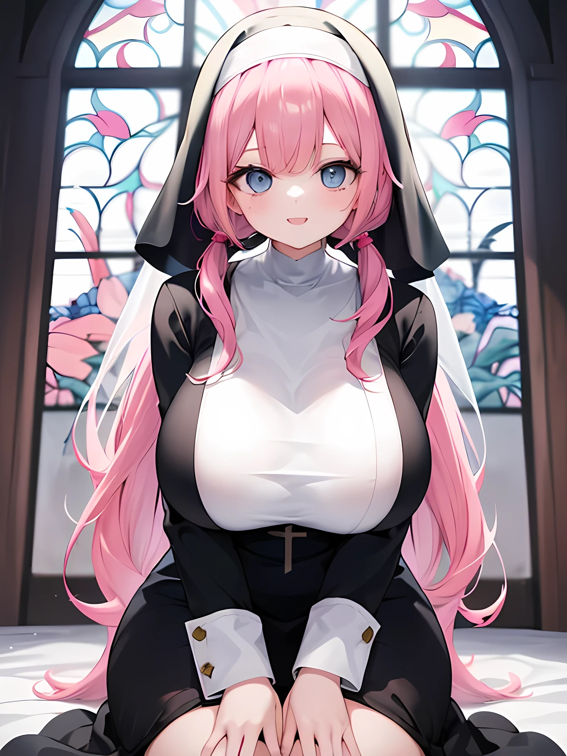 masterpiece,highest quality,(Super detailed),masterpiece,written boundary depth,perfect sentence, Detailed CG,Super detailed,(highly detailed eyes,very cute face,highly detailed face:1.3),beautiful anime girl,(solo girl:1.9),(super huge breasts:1.9),(pink hair,low twin tails:1.5),(light blue eyes:1.3),(smile full of joy:1.3),open your mouth,show viewer,break,(nun,cassock costume:1.5),sexy clothes,side boob,church,Stained glass,holy light,(join hands,pray:1.5),kneel down,(whole body)