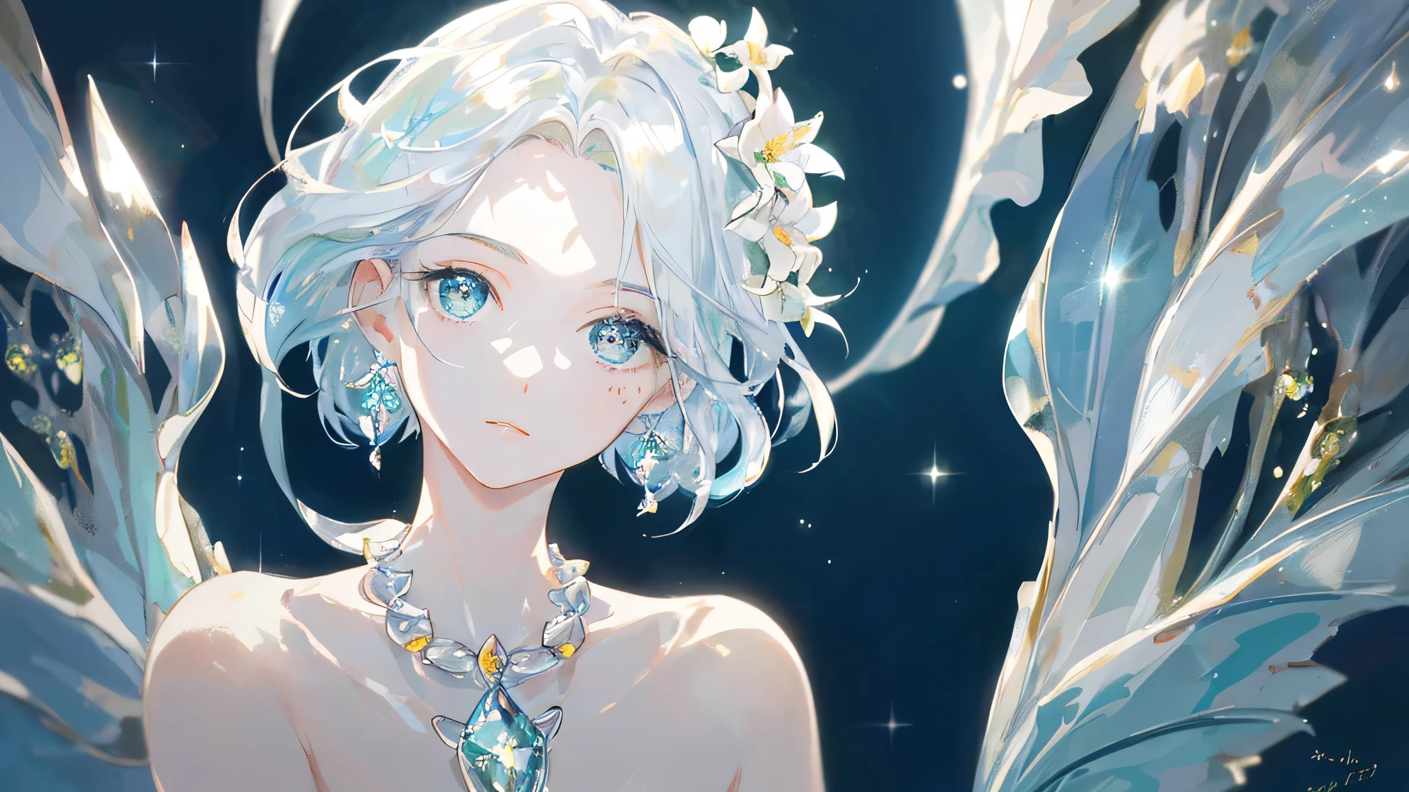 masterpiece, highest quality, shape, phosphophyllite eyes and hair, platinum earrings, platinum necklace, white dress, The Little Mermaid, cute, (dynamic lighting:1.2), cinematic lighting, delicate features, fine eyes, sharp pupils, realistic student, written boundary depth, Bokeh, sharp focus, (very detailed, bloom, shine:1.4), lots of little gems