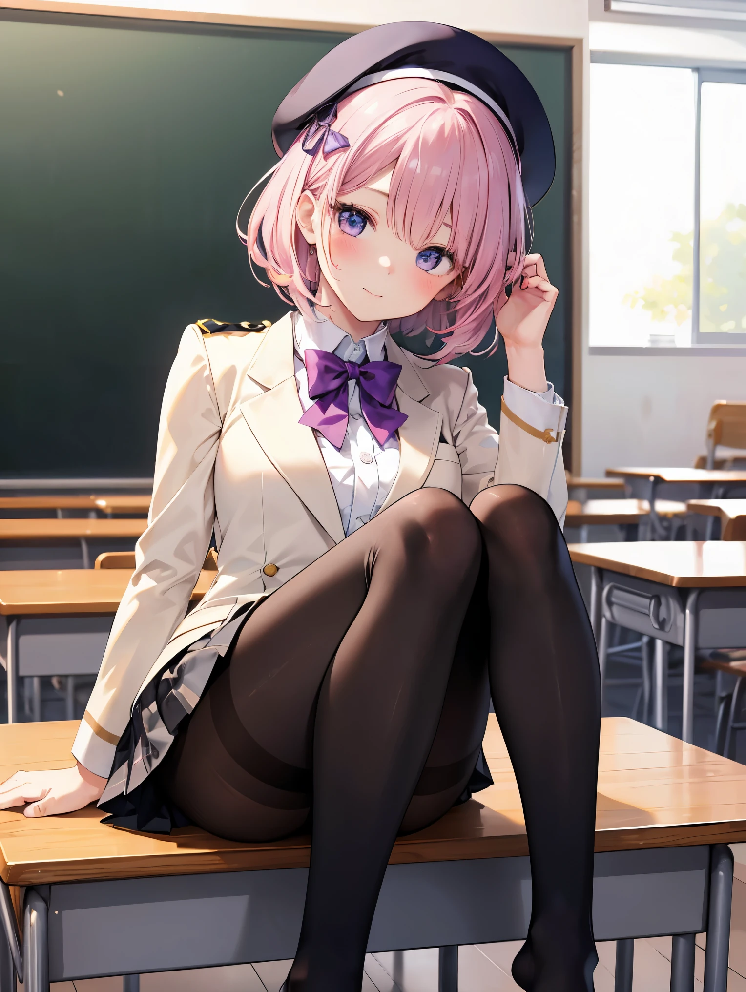 細部に至るまinの傑作、highest quality、realistic、1 girl、solo、18-year-old、Looks about 、140cm beautiful girl、、5 year old baby face、Silky hair、Gradient bob in the forward、pink and purple mesh、big vertical eyes、Outstanding looks、cute 、proximity、closed_mouth、laughter、blush、恥ずかしさinいっぱい、beret、pink bow tie、Branded uniforms、 青いblazer、blazer、pleated skirt、gray skirt、silk blouse、white blouse、feet、black tights、sit on top、classroom、hair_ornament、looking for_in_viewer、beiniful detailed eyes、realistic目、tights on、Not clear、professional effects、Not clear、enhanced elegance、Really ridiculous cuteness、cute