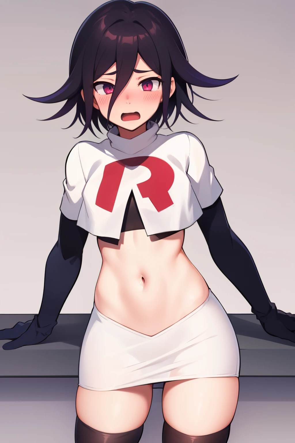 absurdres, cowboy shot, solo, male focus, trap, 1boy, crossdressing,1boy, oma kokichi, team rocket,team rocket uniform,white skirt,red letter R,crop top,black thigh-highs,black elbow gloves, embarrassed, blush