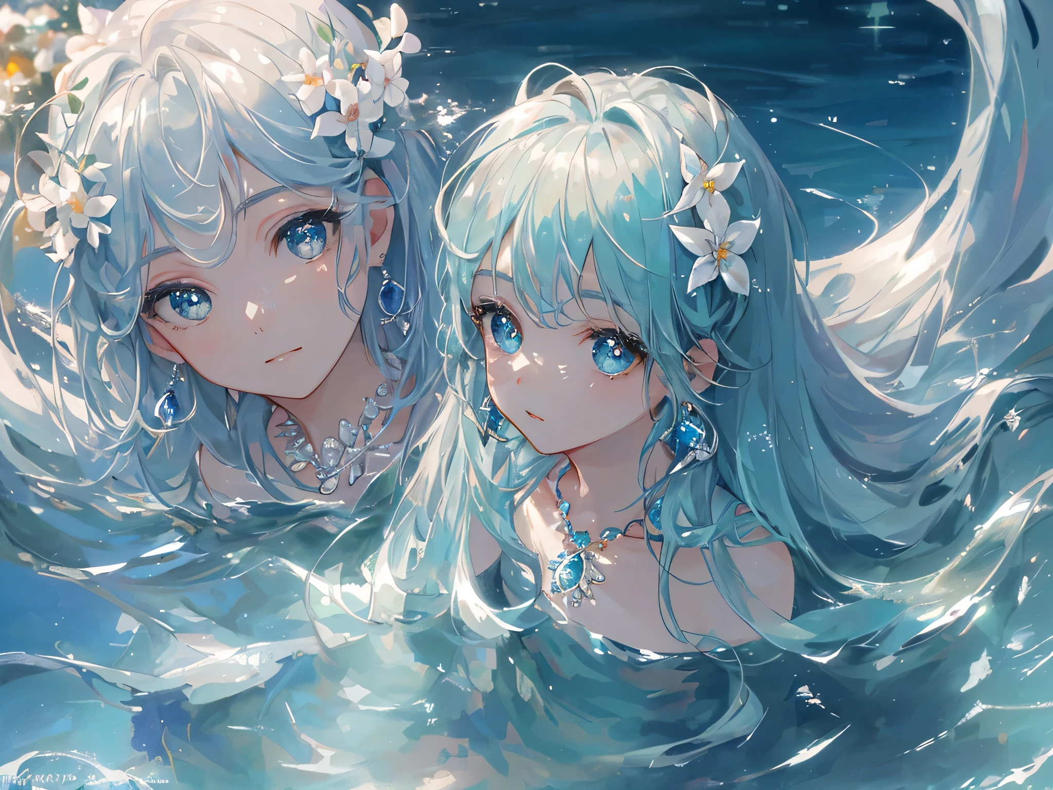 masterpiece, highest quality, shape, Eyes and hair like aquamarine, platinum earrings, platinum necklace, Sea, The Little Mermaid, cute, (dynamic lighting:1.2), cinematic lighting, delicate features, fine eyes, sharp pupils, realistic student, written boundary depth, Bokeh, sharp focus, (very detailed, bloom, shine:1.4), lots of little gems