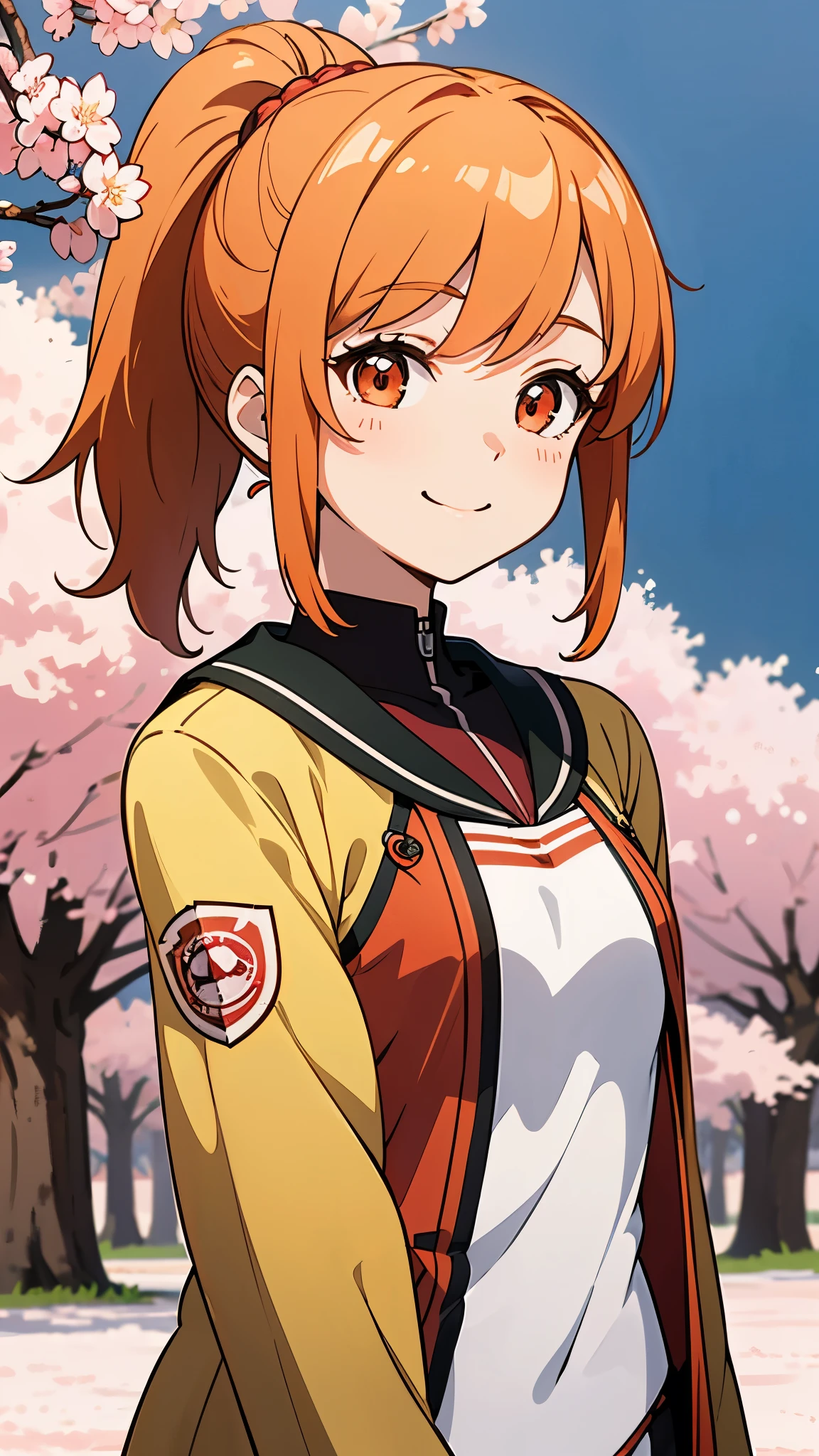 (highest quality、Extra fine、real)、Genki Girl、anime high school girl、small breasts、riders jacket、orange hair、ponytail、red round eyes、From the side、gloves、bright smile、stand in front of a cherry tree、upper body close-up、cherry blossom park、sharp outline