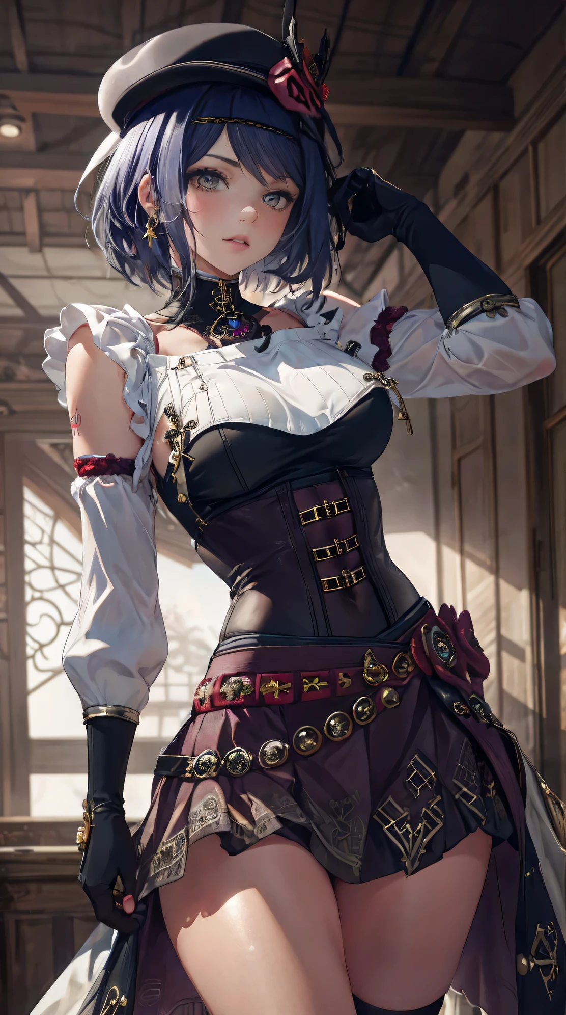realistic, high resolution, 1 woman, hips up, beautiful eyes, long hair, big eyes, decorations, tattoo, skirt, thigh high, have, decorations, boots, belt, lips, Sentai Ryoiki, thigh boots, corset, top have, steampunk, steampunk_Costume