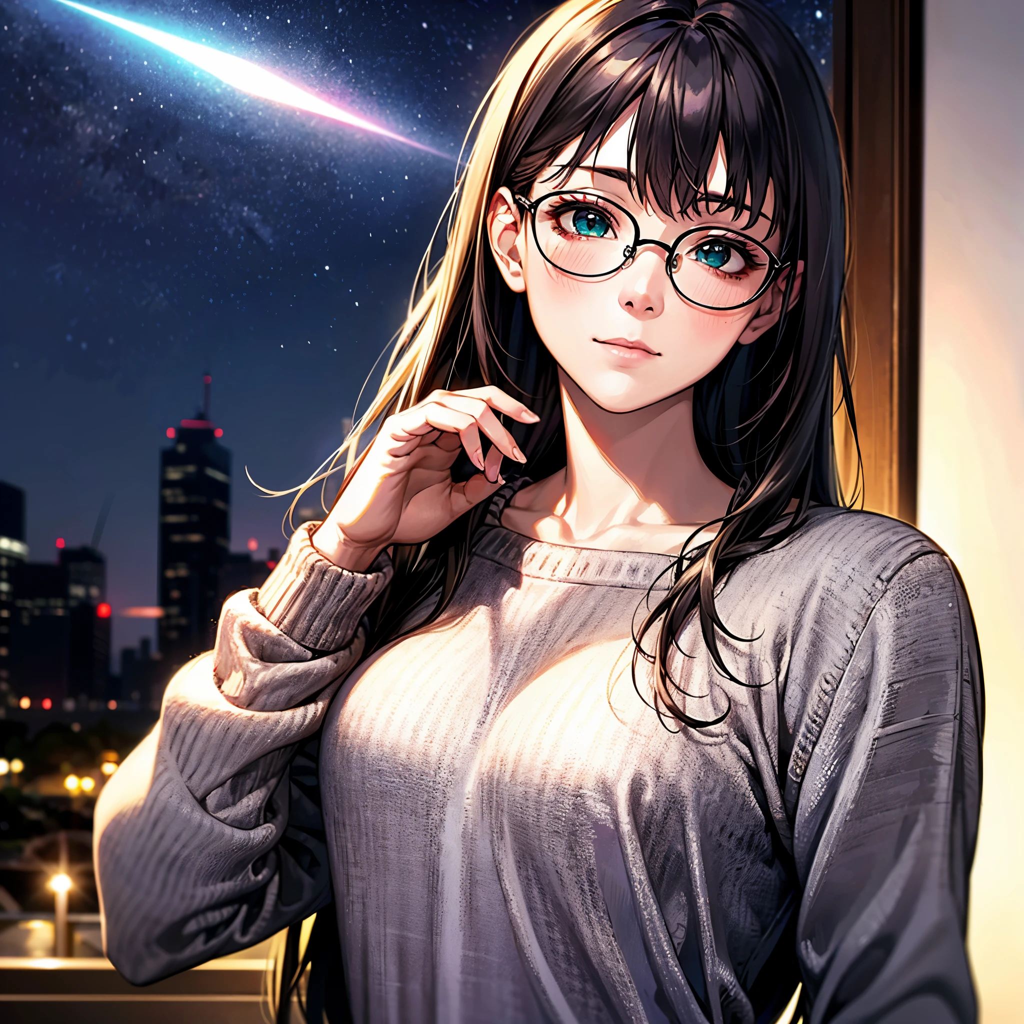 Japanese girl in casual clothes、Pay attention to your audience、green eyes、Tokyo night skyline、(highest quality、master masterpiece)))、HD fine、very detailed、master masterpiece、movie lighting、(8k、highest quality、master masterpiece:1.2)、(realistic、Photoreal:1.37) High resolution、Super detailed、woman wearing glasses、Silent expression、round glasses、Asian, cute, cute顔, alone, rough skin, Beautiful smile, Beautiful and detailed night sky, night view, movie lighting, written boundary depth, lens flare light、date、(blush your nose)、、(closed your mouth)small breasts、beautiful detail eyes、(sweater:1.1)、