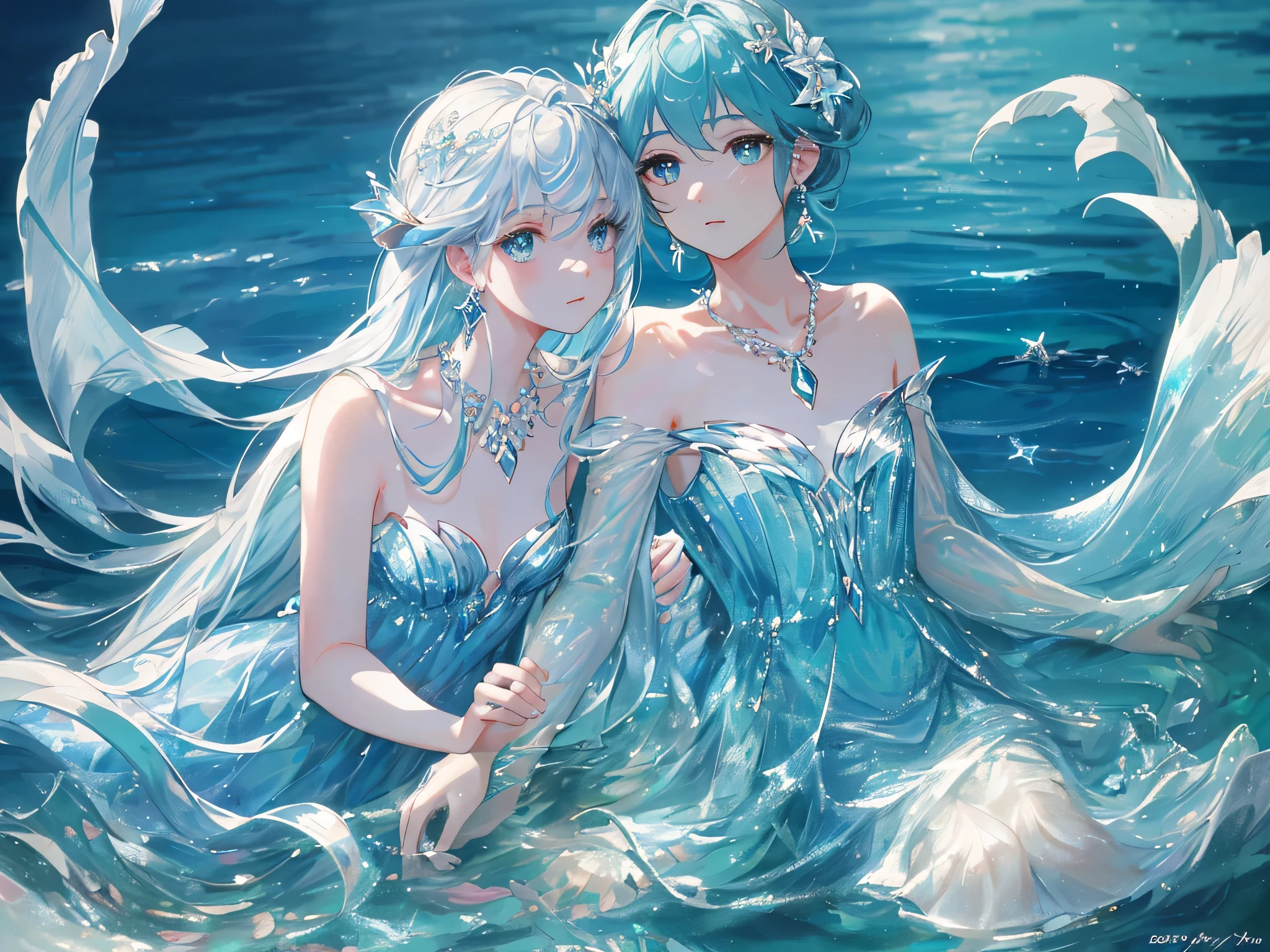 masterpiece, highest quality, shape, Eyes and hair like aquamarine, platinum earrings, platinum necklace, Sea, The Little Mermaid, cute, (dynamic lighting:1.2), cinematic lighting, delicate features, fine eyes, sharp pupils, realistic student, written boundary depth, Bokeh, sharp focus, (very detailed, bloom, shine:1.4), lots of little gems