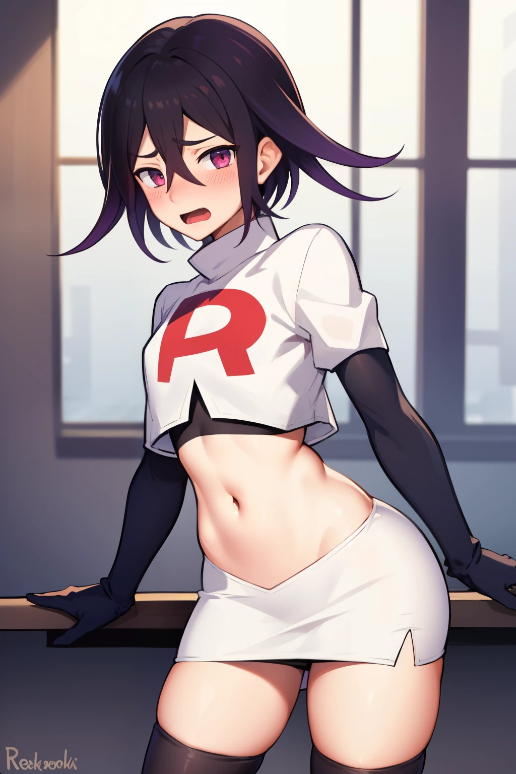 absurdres, cowboy shot, solo, male focus, trap, 1boy, crossdressing,1boy, oma kokichi, team rocket,team rocket uniform,white skirt,red letter R,crop top,black thigh-highs,black elbow gloves, embarrassed, blush