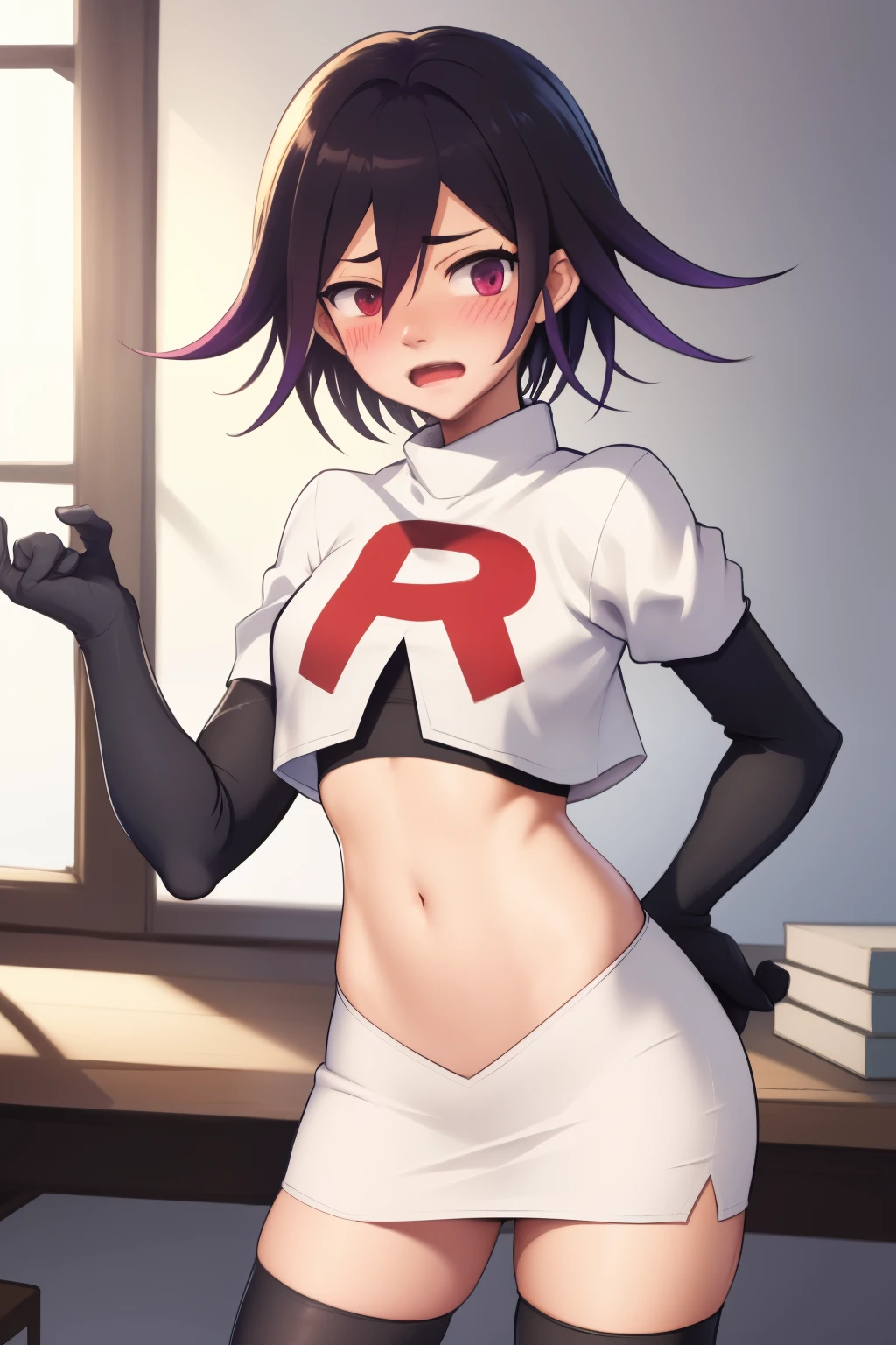 absurdres, cowboy shot, solo, male focus, trap, 1boy, crossdressing,1boy, oma kokichi, team rocket,team rocket uniform,white skirt,red letter R,crop top,black thigh-highs,black elbow gloves, embarrassed, blush