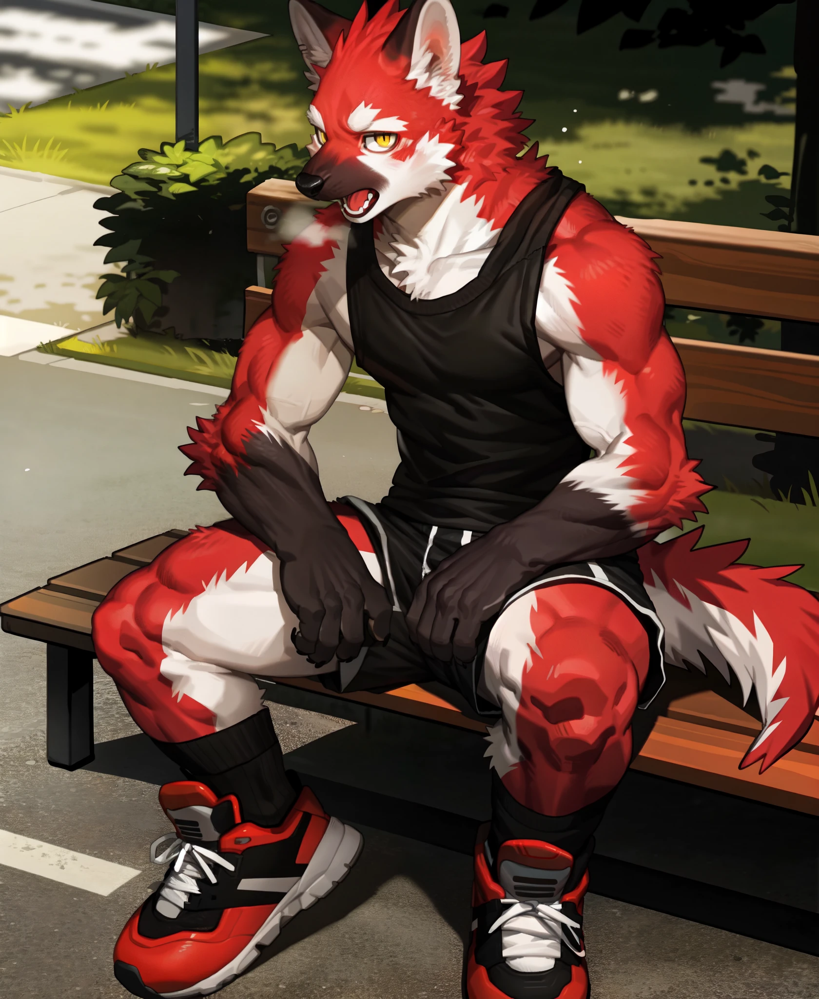 by pgm300,by fuguri,by kiyosan,by milkytiger1145,
furry,kemono,anthro,
male,solo,
maned wolf,
red fur,yellow eyes,
looking at viewer, open mouth,heavy breathing, 
collarbone,
black tank top, 
shorts,
sneakers,red footwear,
sitting, 
park bench,