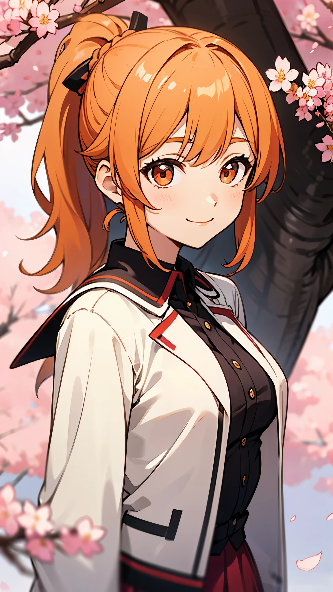(highest quality、Extra fine、real)、Genki Girl、anime high school girl、small breasts、riders jacket、orange hair、ponytail、red round eyes、From the side、gloves、bright smile、stand in front of a cherry tree、upper body close-up、cherry blossom park、sharp outline