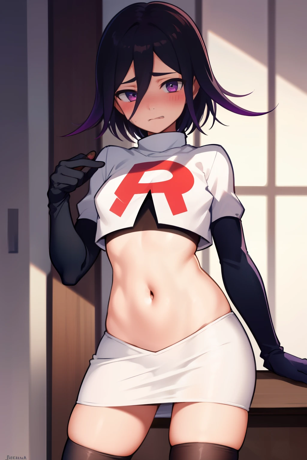 absurdres, cowboy shot, solo, male focus, trap, 1boy, crossdressing,1boy, oma kokichi, team rocket,team rocket uniform,white skirt,red letter R,crop top,black thigh-highs,black elbow gloves, embarrassed, blush