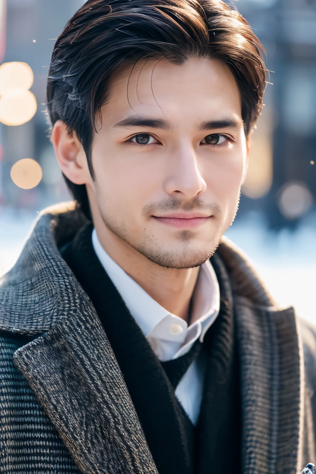 Photorealsitic, 8K full body portrait, a handsome, a 25-year-old man, A charming expression, detailed face details, TOKYOcty, Winters, Shibuya in the background