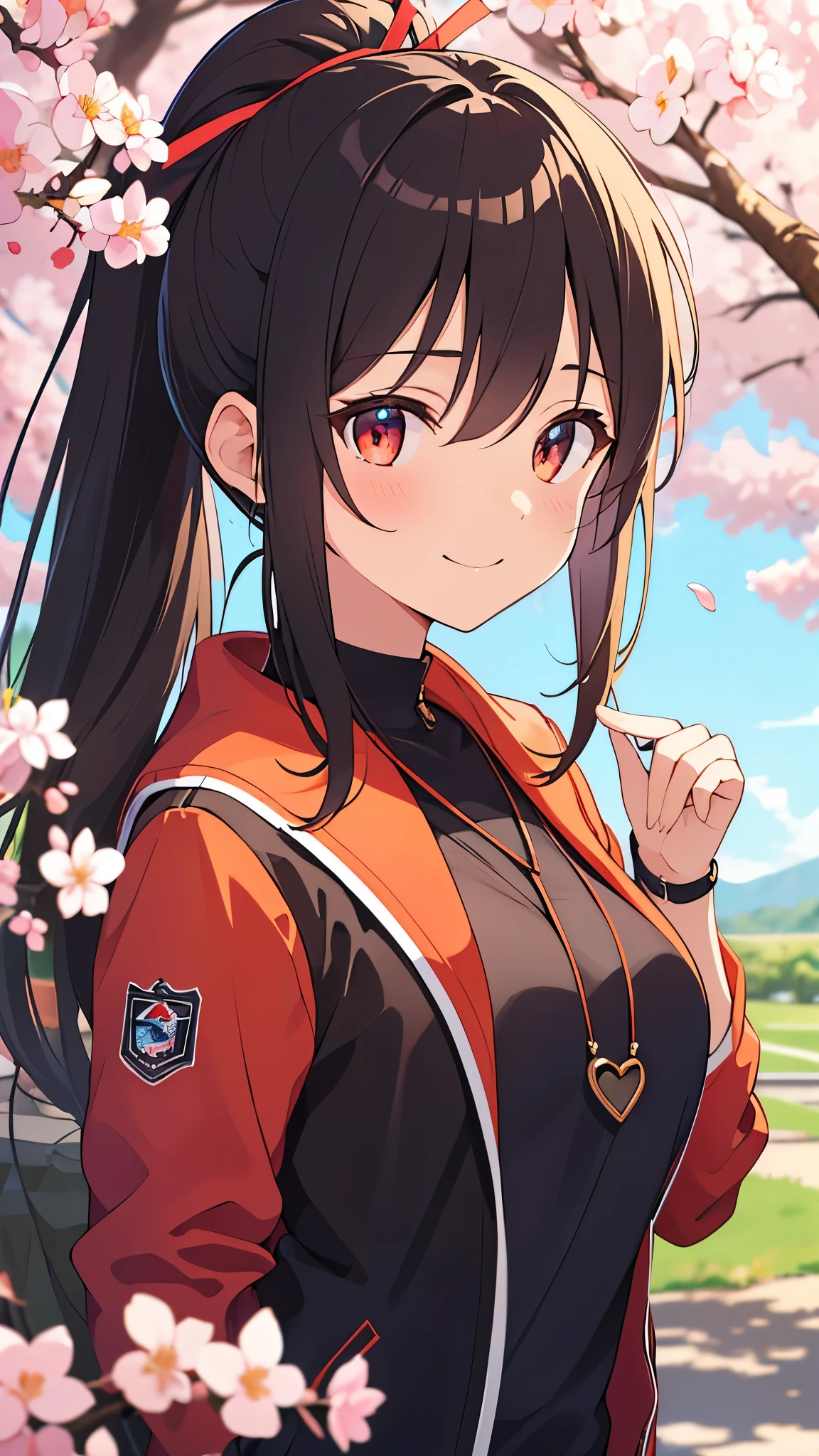 (highest quality、Extra fine、real)、1 anime high school girl、small breasts、riders jacket、orange hair、ponytail、red round eyes、From the side、gloves、bright smile、stand in front of a cherry tree、upper body close-up、cherry blossom park、sharp outline