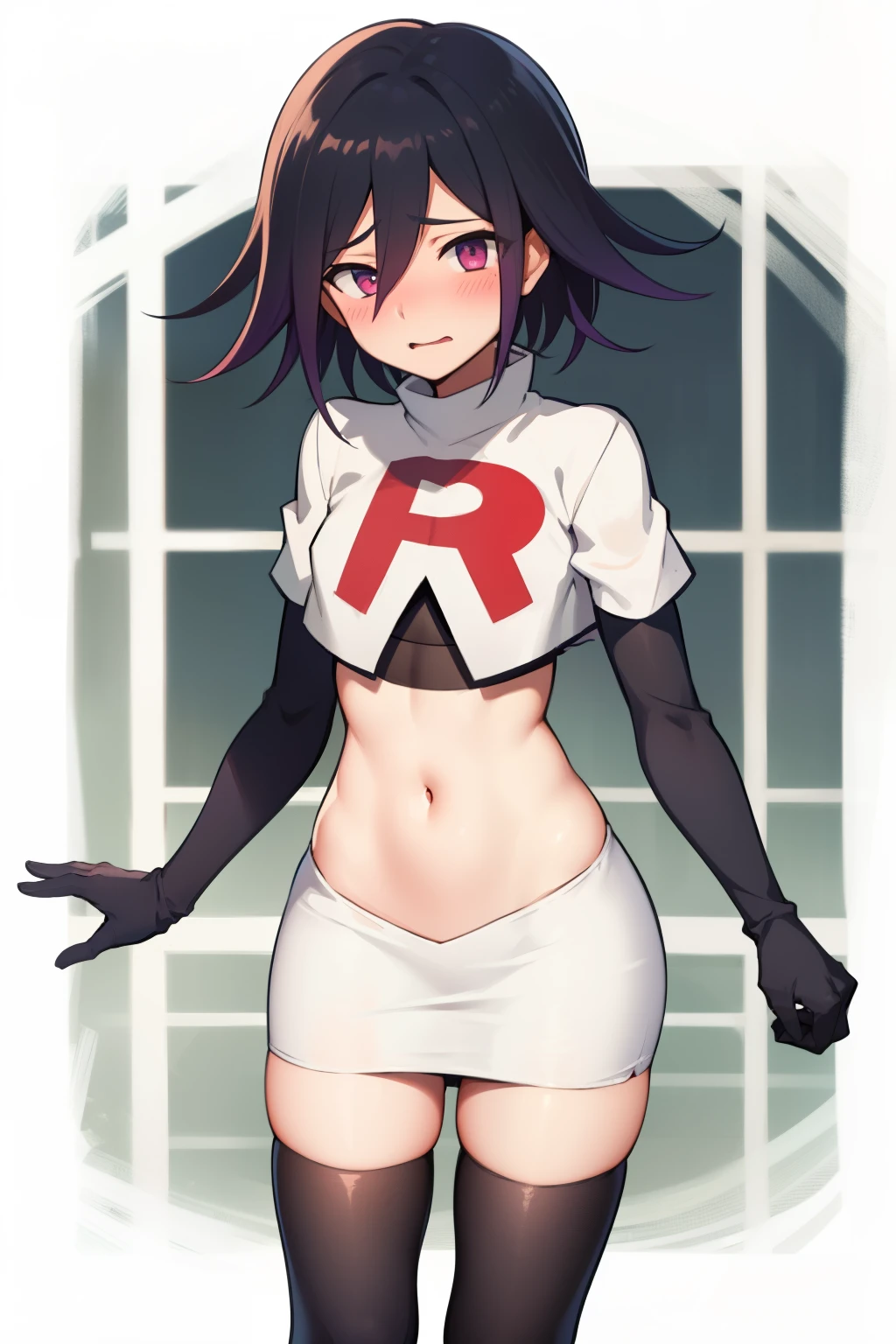 absurdres, cowboy shot, solo, male focus, trap, 1boy, crossdressing,1boy, oma kokichi, team rocket,team rocket uniform,white skirt,red letter R,crop top,black thigh-highs,black elbow gloves, embarrassed, blush