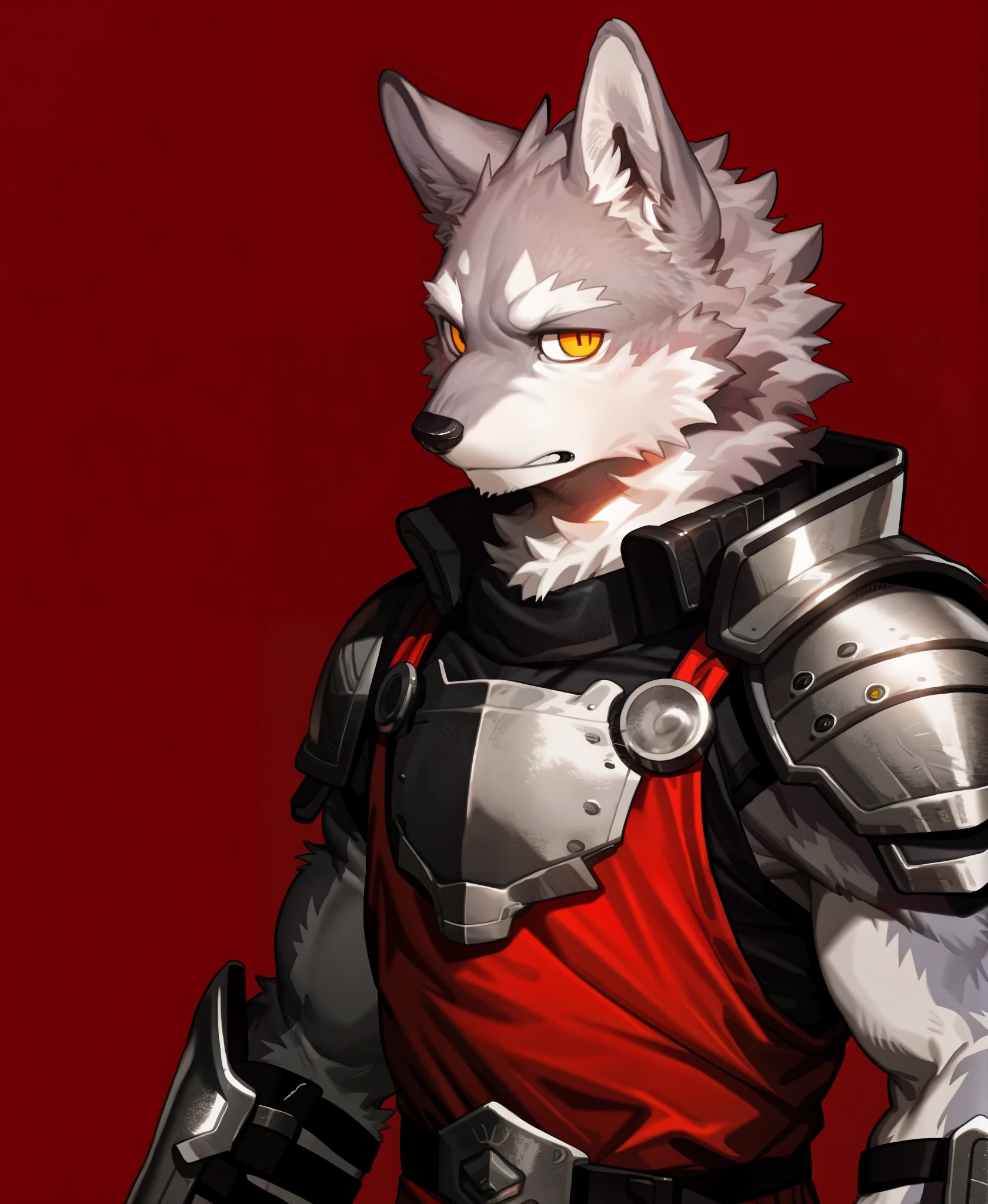 by pgm300,by fuguri,by kiyosan,by milkytiger1145,
furry,kemono,anthro,
bust portrait, 
(red background:1.25),black background,
abstract background,
male,solo,
wolf,wolf ears,wolf tail,
grey fur,yellow eyes,
looking at viewer, light frown, 
armor,plate armor,